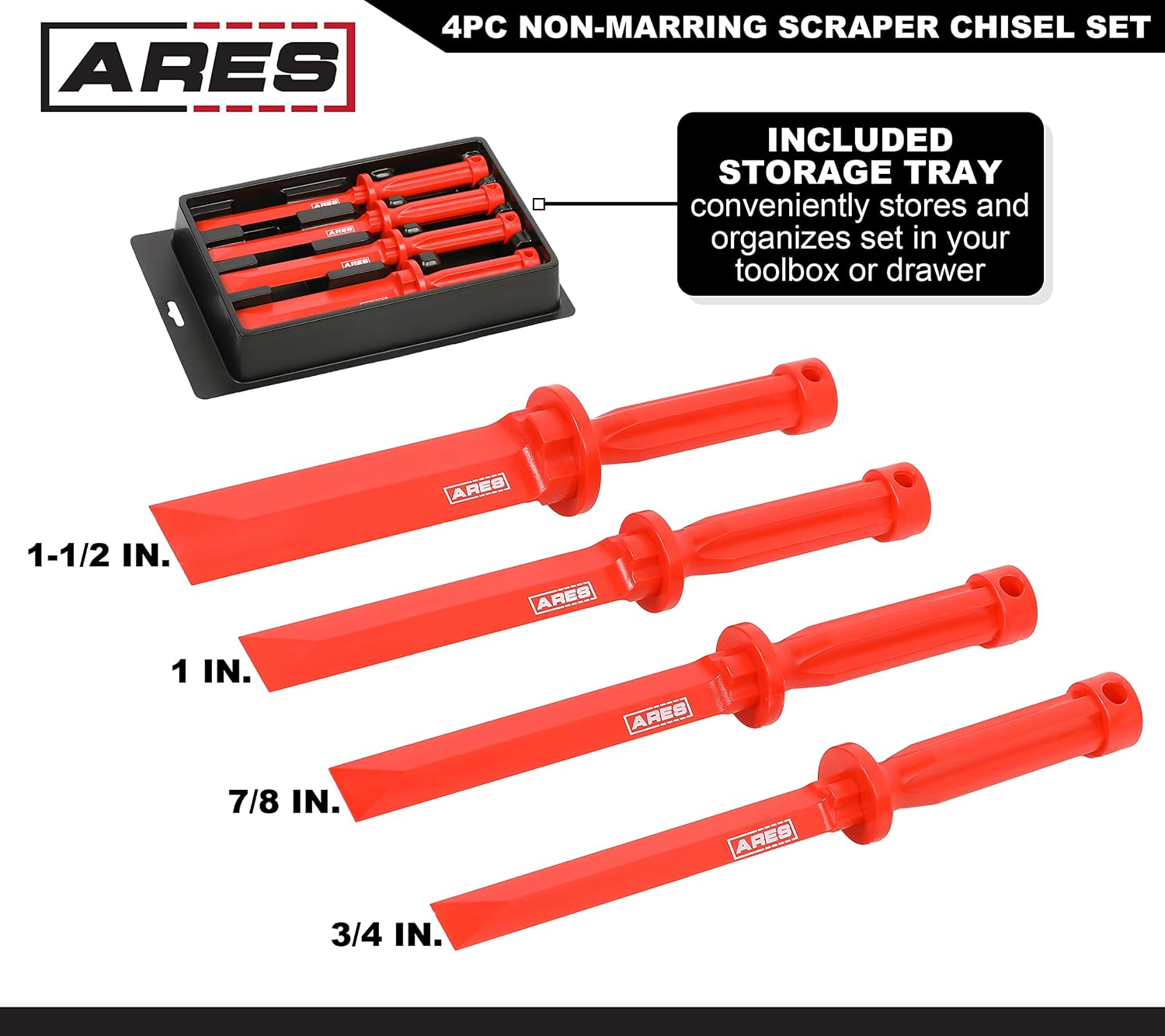 ARES 10083 – 4-Piece Non-Marring Scraper Chisel Set – Thermoplastic Construction Resists Flexing and Breaking – Safely Removes Debris, Adhesives, Film, Deposits and More from a Variety of Surfaces