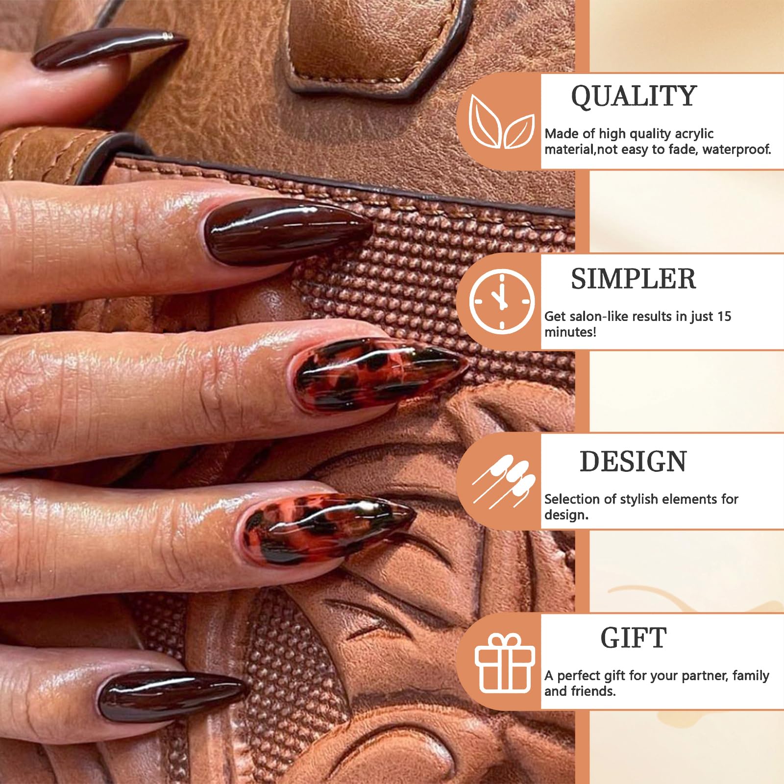 GlamRays 24 sztuki Brown Press on Nails Leo średni mandaryński sztuczne paznokcie nadruk lampart paznokcie jesień klejone paznokcie akrylowe Stiletto sztuczne paznokcie