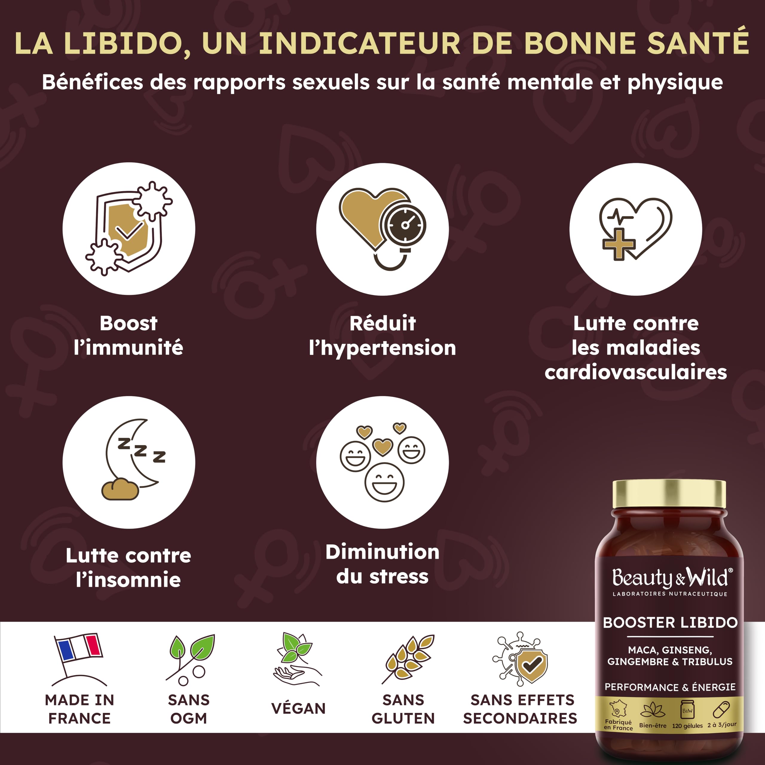 Libido - Complément Alimentaire Maca, Gingembre, Ginseng, Tribulus, Citruline, Arginine - Améliore la Libido, Performance, Énergie, Musculation, Stimule la testostérone, 120 gélules, Beauty&Wild