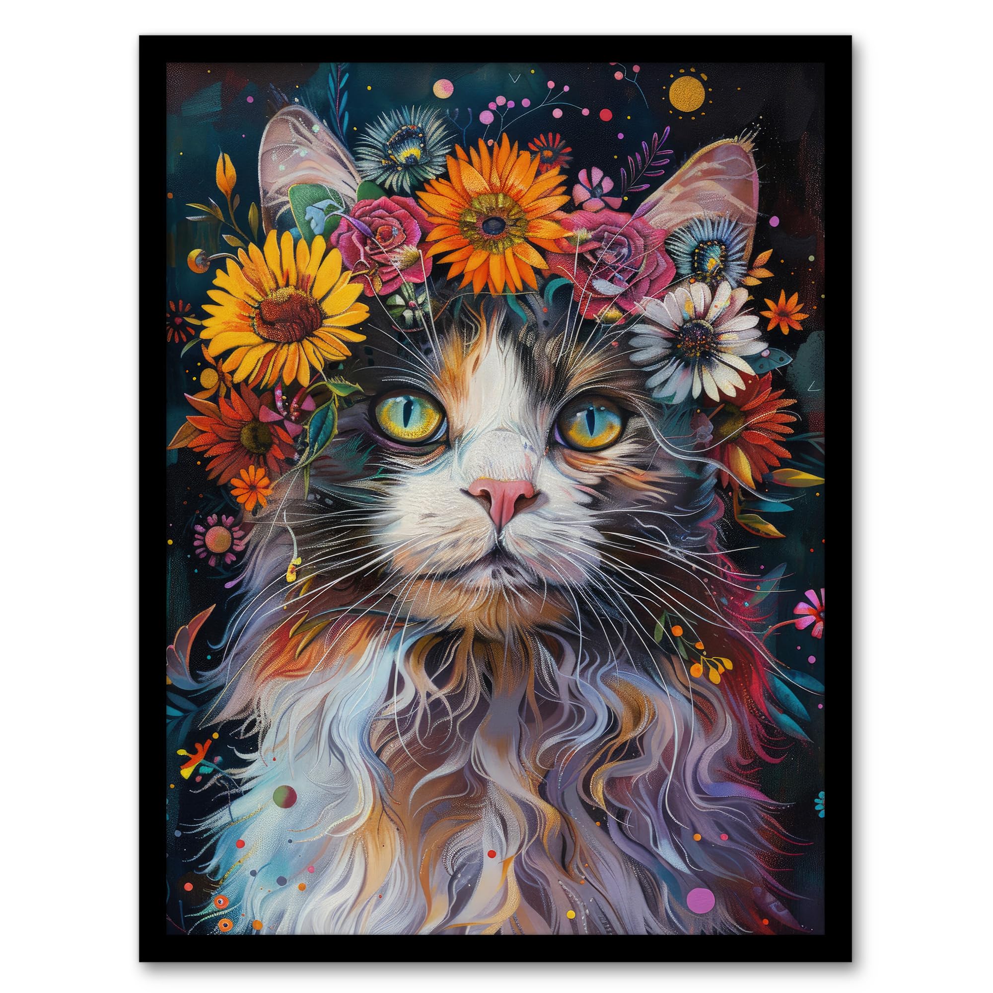 Artery8 Mystic Psychedelic Hippy Cat Flower Crown Abstract For Living Room Artwork Framed Wall Art Print A4