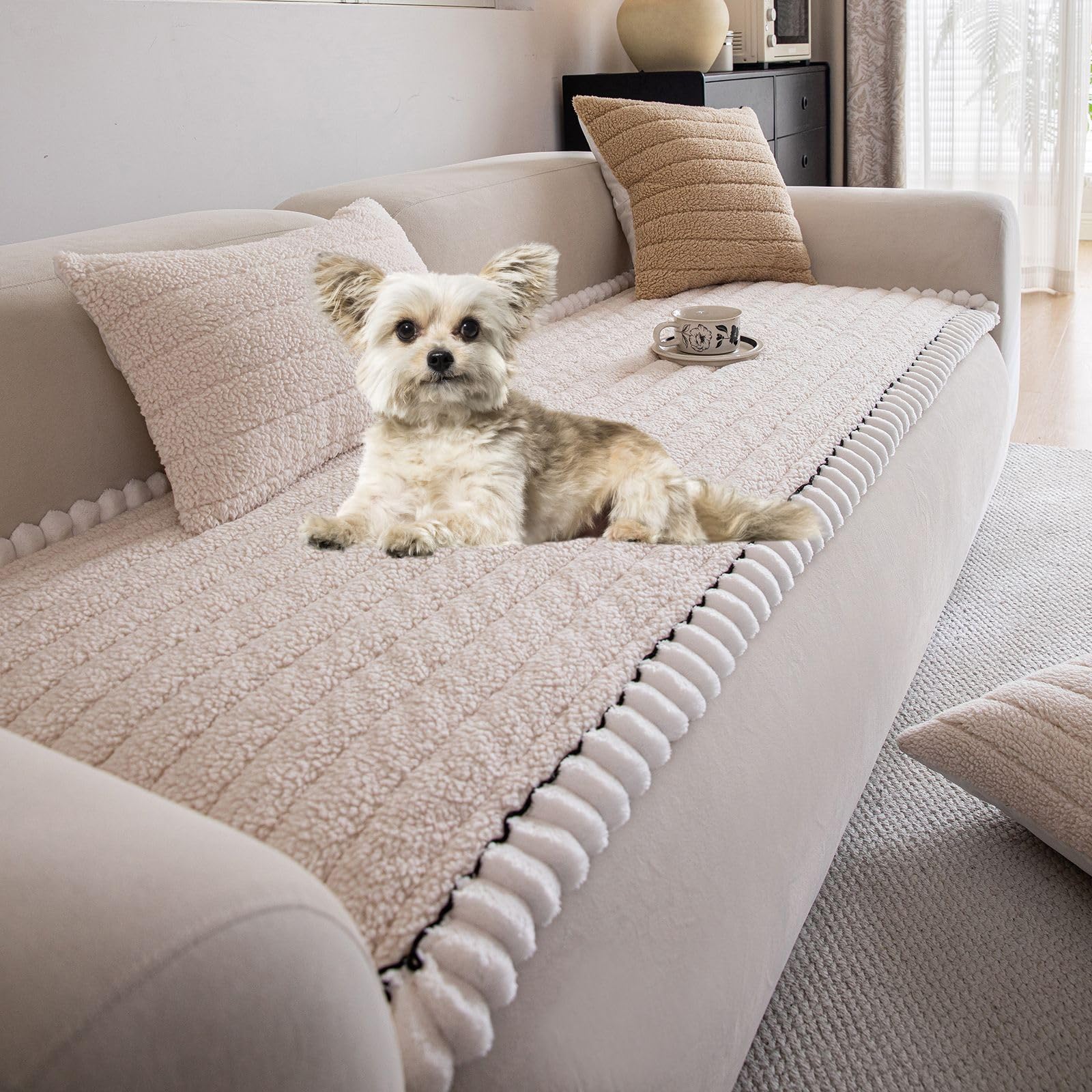 XSlive Sherpa Fleece Dog Couch Cover Soft Thick Fuzzy Sofa Cover Non-Slip Fluffy Dog Bed Cover Pet Blanket Sofa Couch Furniture Protector for Puppy Large Dog Cat (Ivory,28