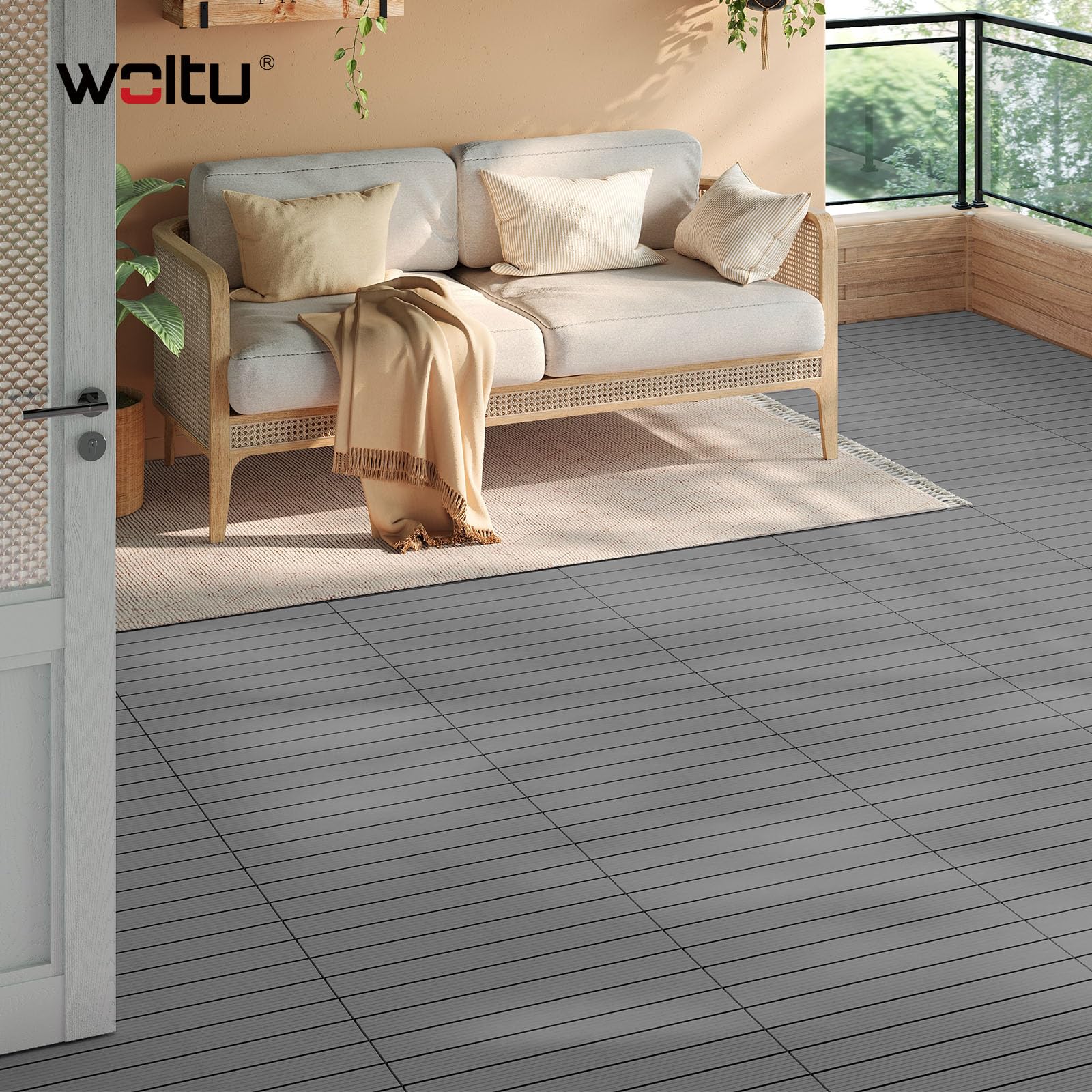 WOLTU WPC Dalle de sol Revêtement Carrelage 30x60cm pour jardin terrasse système plug-in pour fixation, Gris Clair 12 pièce / 2 m²