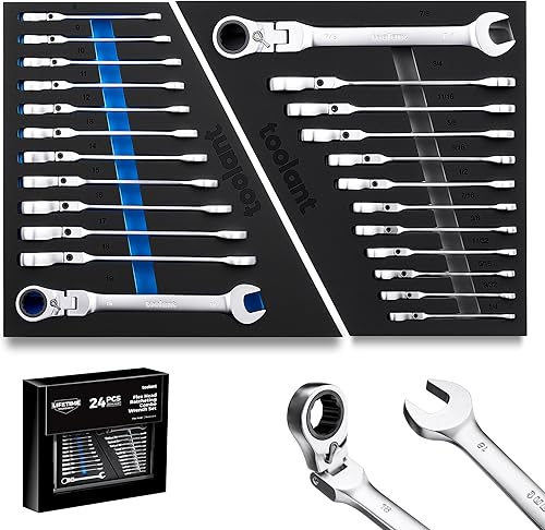 toolant Juego de 24 llaves de trinquete, juego de llaves combinadas de trinquete de cabeza flexible con diseño de interruptor, 0.315-0.748 in y
