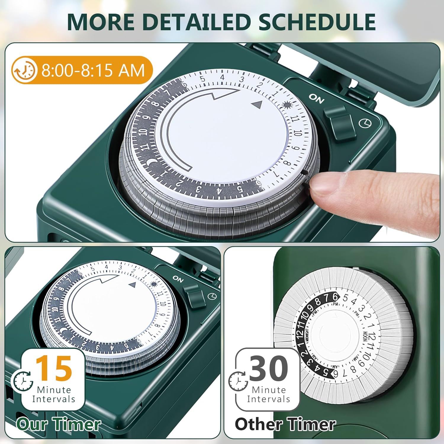 Dreyoo 24-Hour Heavy-Duty Mechanical Timer for Christmas - 2 Grounded Outlets for Xmas Decor, Waterproof, Green (2 Pcs) with 15-Minute Intervals