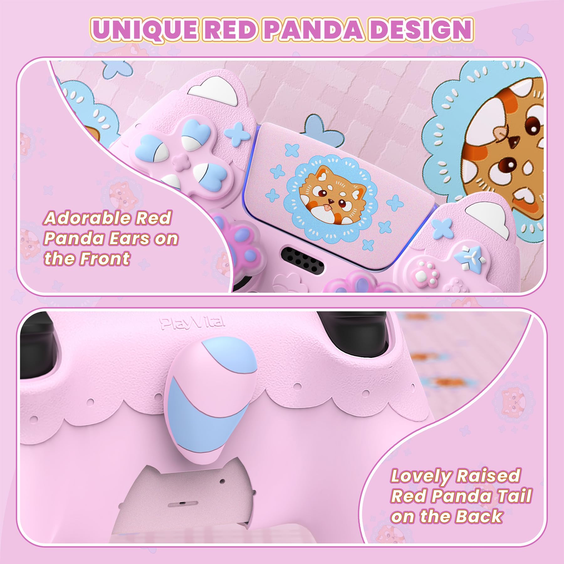 PlayVital Kawaii Funda de Silicona para ps5 Mando - Diseño de Panda Rojo Primaveral, con Tapas de Joystick y Pegatina, Antideslizante y Antigolpes, Compatible con Estación de Carga (Rosa Dulce)