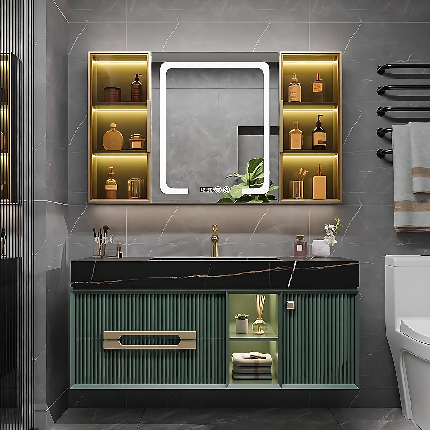 Bathroom Vanity with Sink - Floating Bathroom Vanity Including LED Smart Demister Mirror | Solid Wood Freestanding Bathroom Sink Cabinet | Abundant Storage Space (Green, 44")
