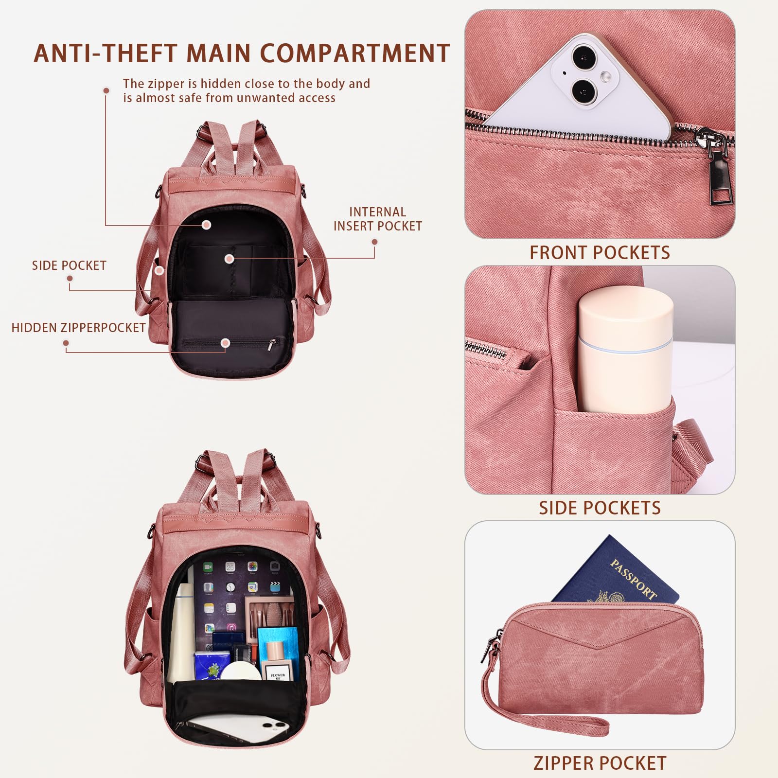 Leathario Zaino Da Donna Antifurto e a Prova di Spruzzi, Zainetto Multifunzionale in Pelle Vegana, Borsa Casual ed Moda per Viaggio, Scuola, Lavoro, Shopping, Visite e Università Rosa