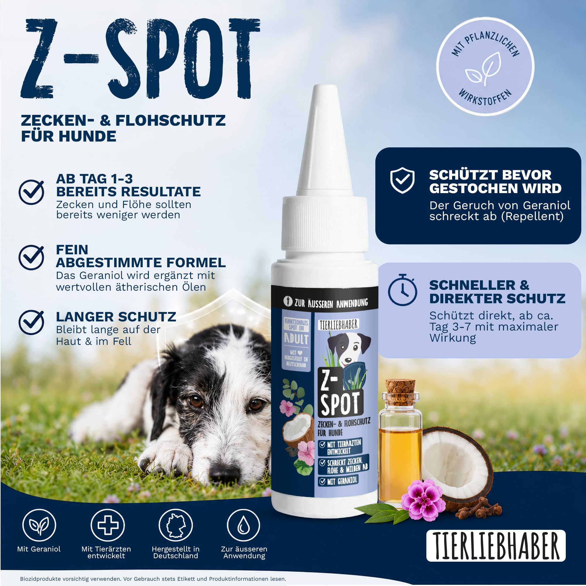 Zeckenschutz Hund Z-Spot mit Geraniol – Pflanzliches Zeckenmittel für Hunde tierärztlich entwickelt – Spot On Hund mit Schwarzkümmel- & Kokosöl – Floh und Zeckenschutz für Hunde 50ml von TIERLIEBHABER