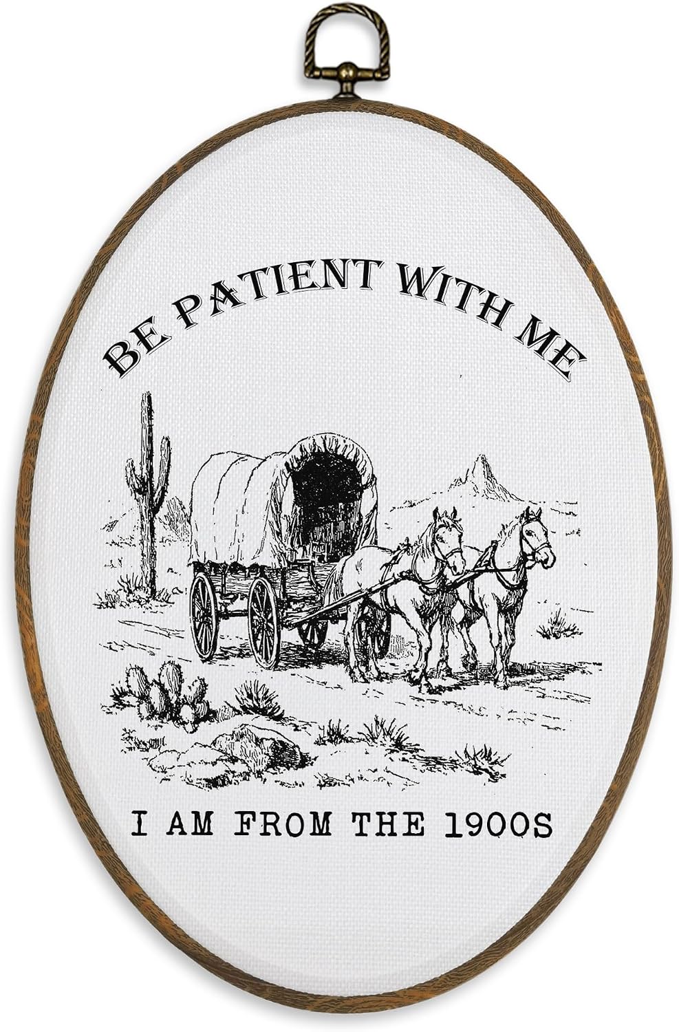 XBBMGG Funny Western Wall Art Decor, Trendy Southwestern Cactus Desert Oval Wall Hanging Decor, Be Patient With Me Framed Canvas Prints for Office Living Room Bedroom Decorations, 8.6x11.4inch