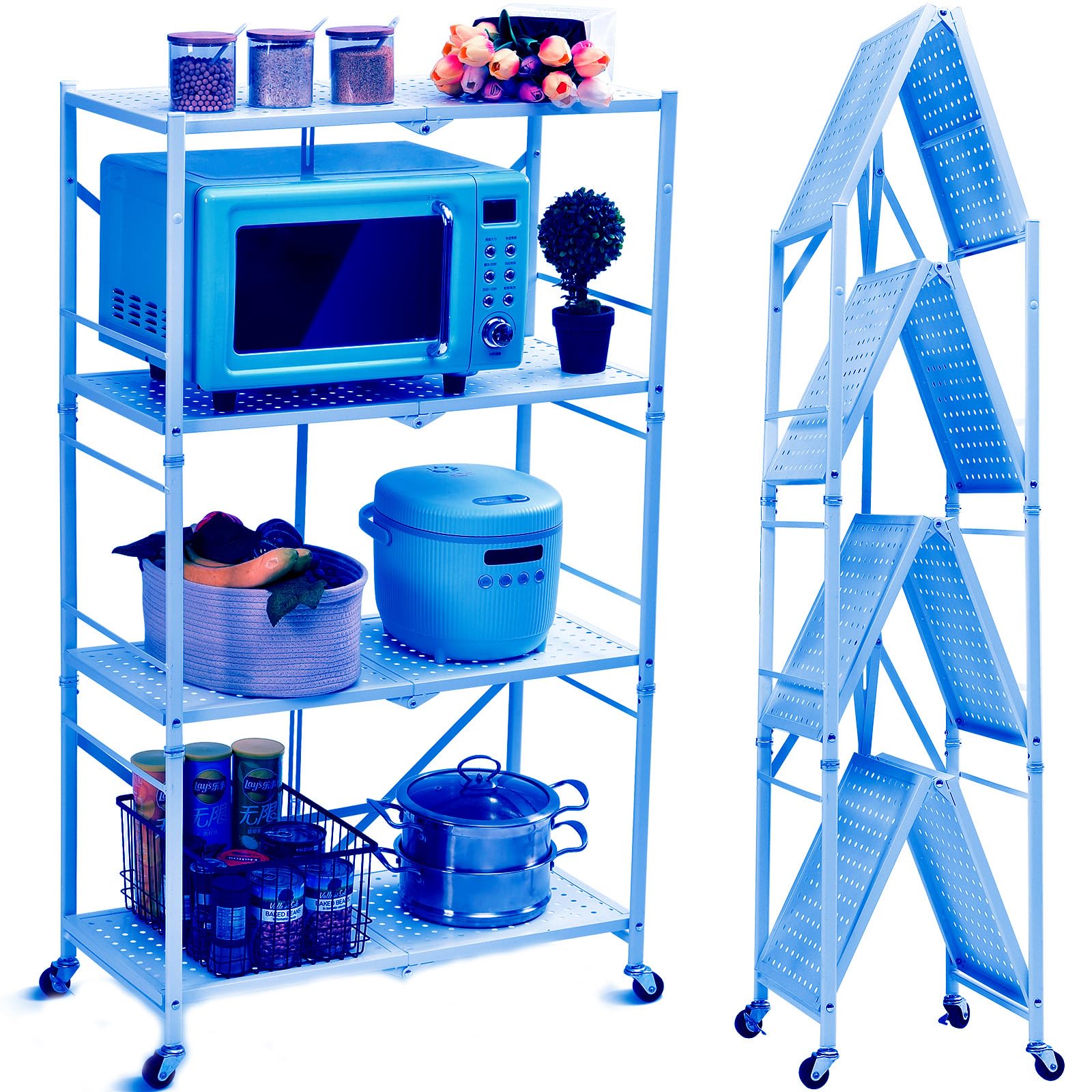 TOOLF Foldable 4-Tier Storage Shelving Unit with Lockable Wheels, Space-Saving Organizer Rack for Home and Office, Freestanding Metal Rack, Blue