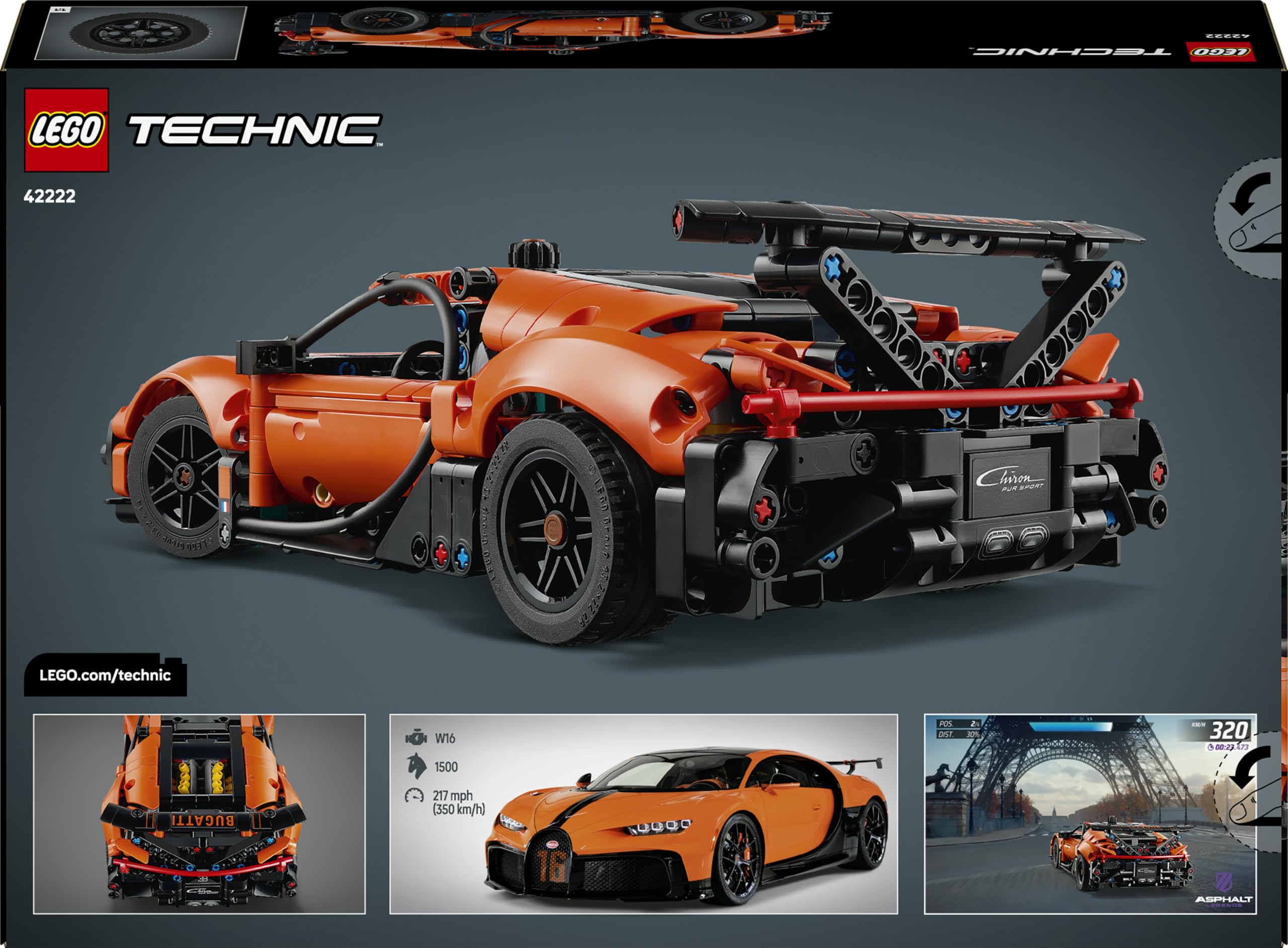 LEGO Technic Hipercoche Bugatti Chiron Pur Sport - Maqueta de Coche de Carreras de Juguete con Motor W16, Dirección y Puertas Que Se Abren - Regalo para Niños de 9+ Años y Fans del Motor - 42222