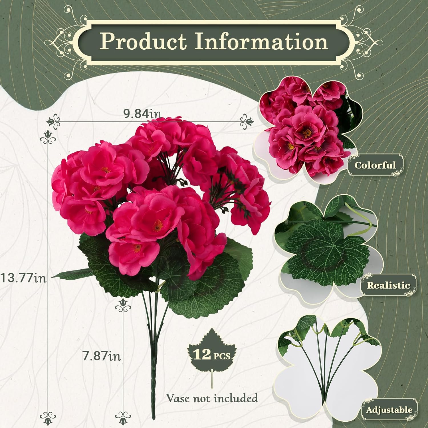 Artificial Geranium Flowers for Outdoor, 12 Bundles Fake Silk Geraniums Flower, UV Resistant Look Real Faux Plants for Front Door Garden Porch Patio Balcony Yard Indoor Home, FF20, Rose Red