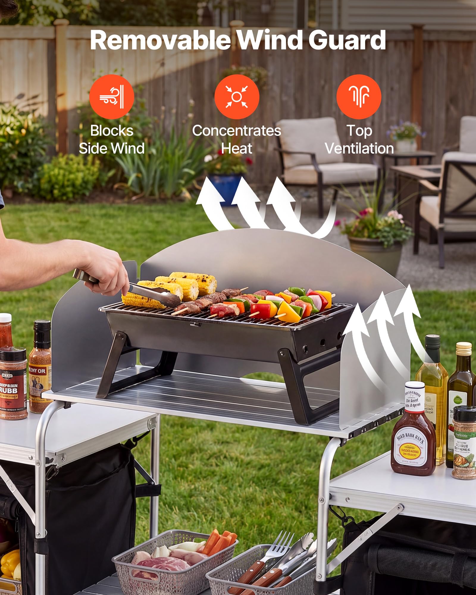 VEVOR Cuisine de Camping Pliable Table de Camping avec Rangement Portable, pour Barbecue, Pique Nique, Voyage, en Aluminium Léger, avec Tables Latérales, Pare-Vent Amovible et Sac de Transport
