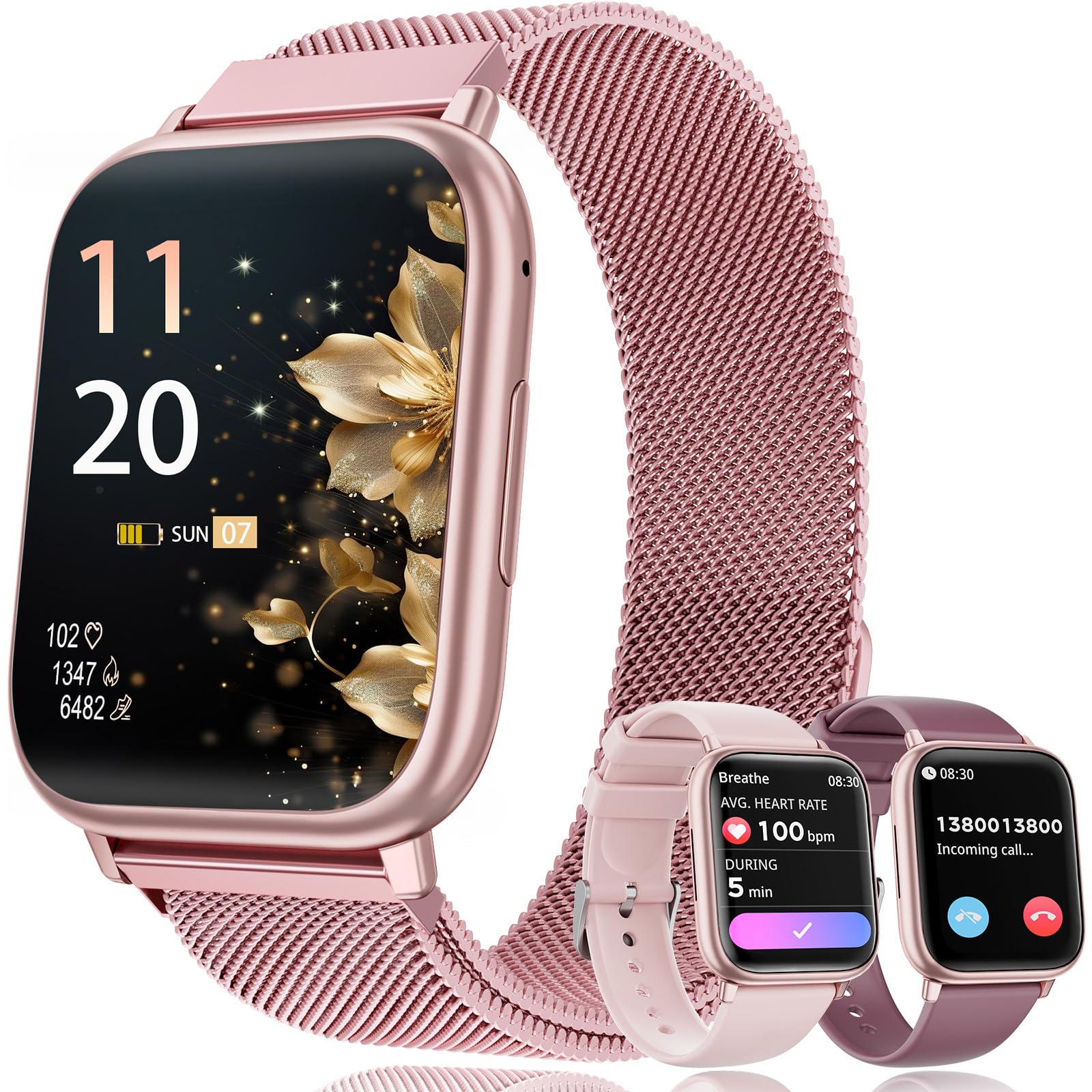 Smartwatch donna, 1,83" Smart watch con funzione telefono/24H Cardiofrequenzimetro/Fisiologia Femminile Sonno, SpO2 113+Sportive Orologio Contapassi, IP68 Fitness trackerper Android iOS (Pink Gold)