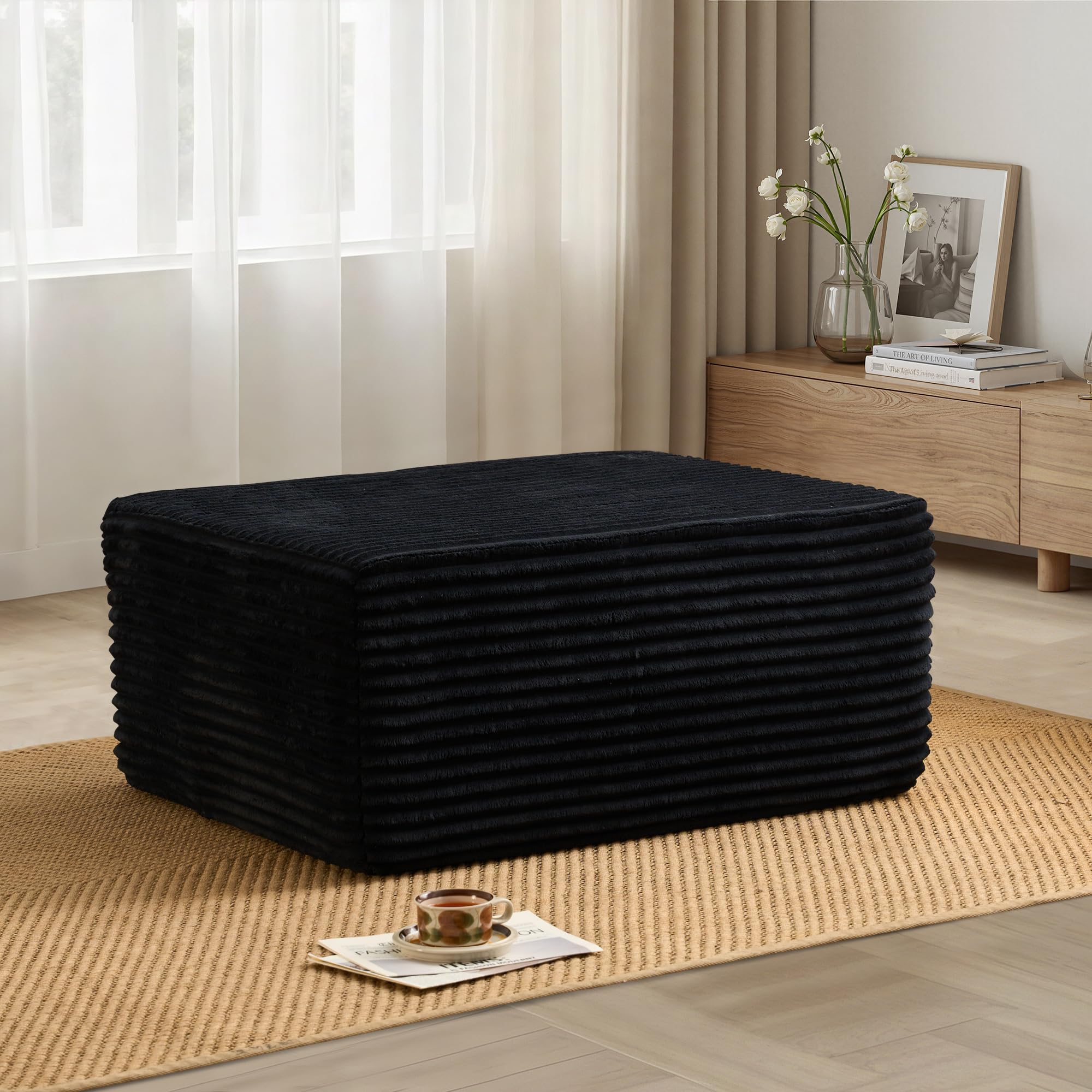 37" plush corduroy ottoman, upholstered cloud boneless ottoman for couch in a box, compressed memory foam footrest no assembly require, black