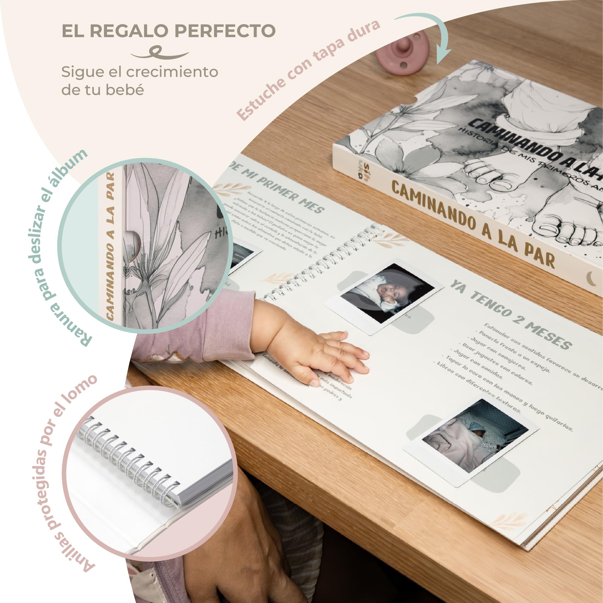 Libro Recuerdo Bebé- Álbum Foto Bebé- Diario Primer Año – Regalo para Recién Nacido – Álbum Recuerdos con Tapa Dura, Funda y Pegatinas – Niño/Niña – 60 Páginas