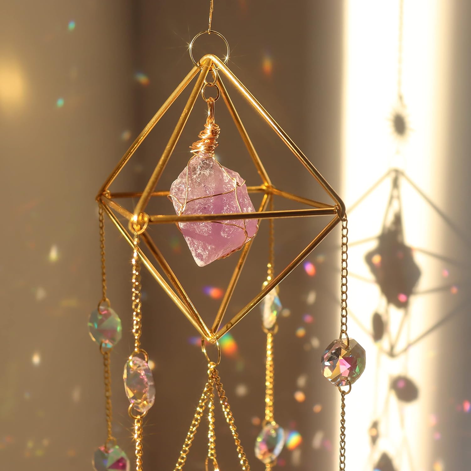 Amethyst Crystal Suncatcher - Hanging Gold Plated Garden Sun Catcher for Windows, Healing Amethyst Crystal Decor for Home, Gift for Christmas Birthday Valentine Mothers Day - Image 3