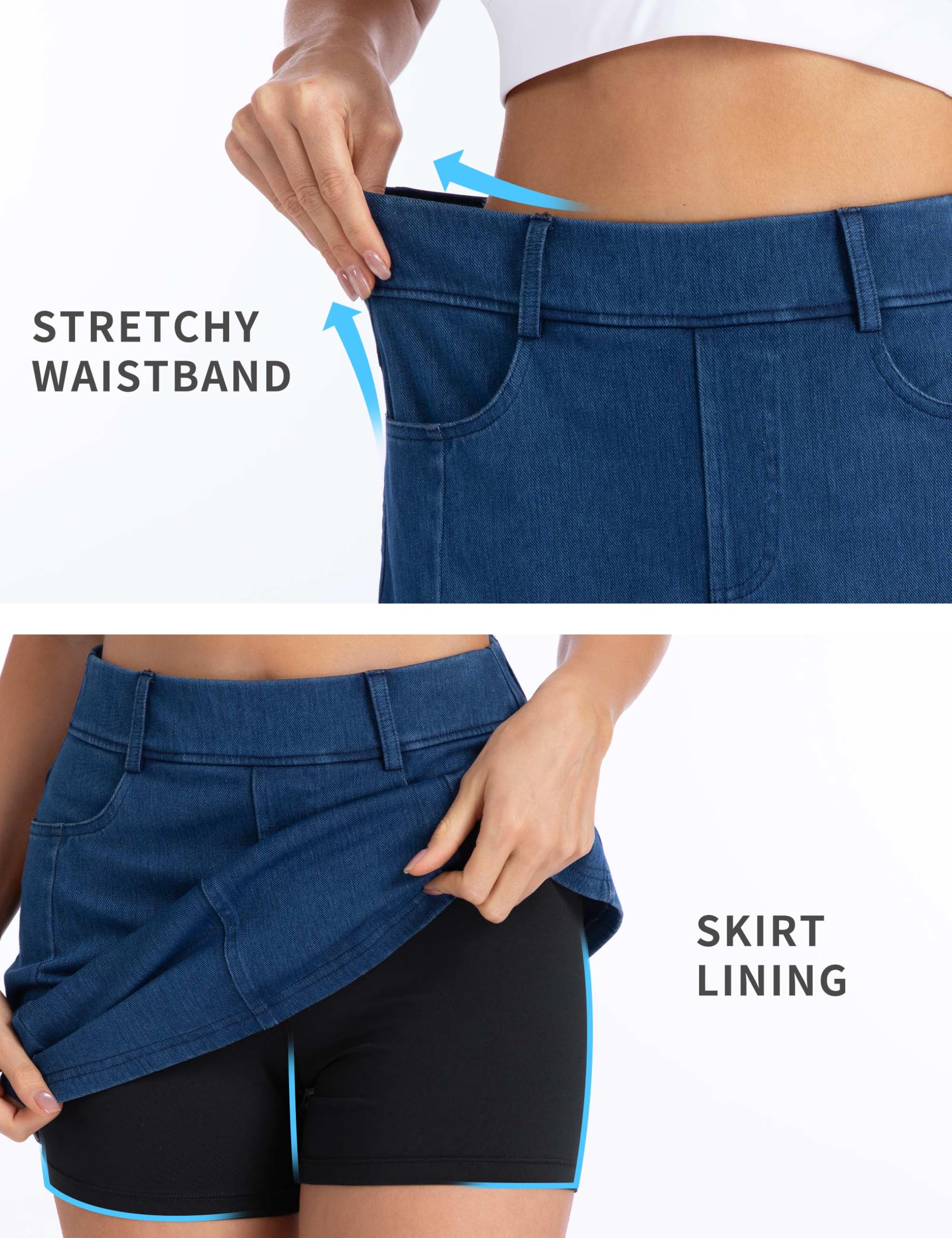 THE GYM PEOPLE Dehnbare Jeans-Skorts für Damen, schmale Passform, seitlicher Schlitz, lässiger Jeansrock mit Taschen