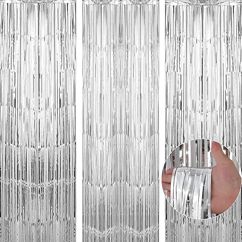 Paquete de 3 cortinas de telón de fondo de flecos de papel de aluminio plateado de 3.3 x 9.9 pies, cortinas de fondo de serpentina, decoraciones de