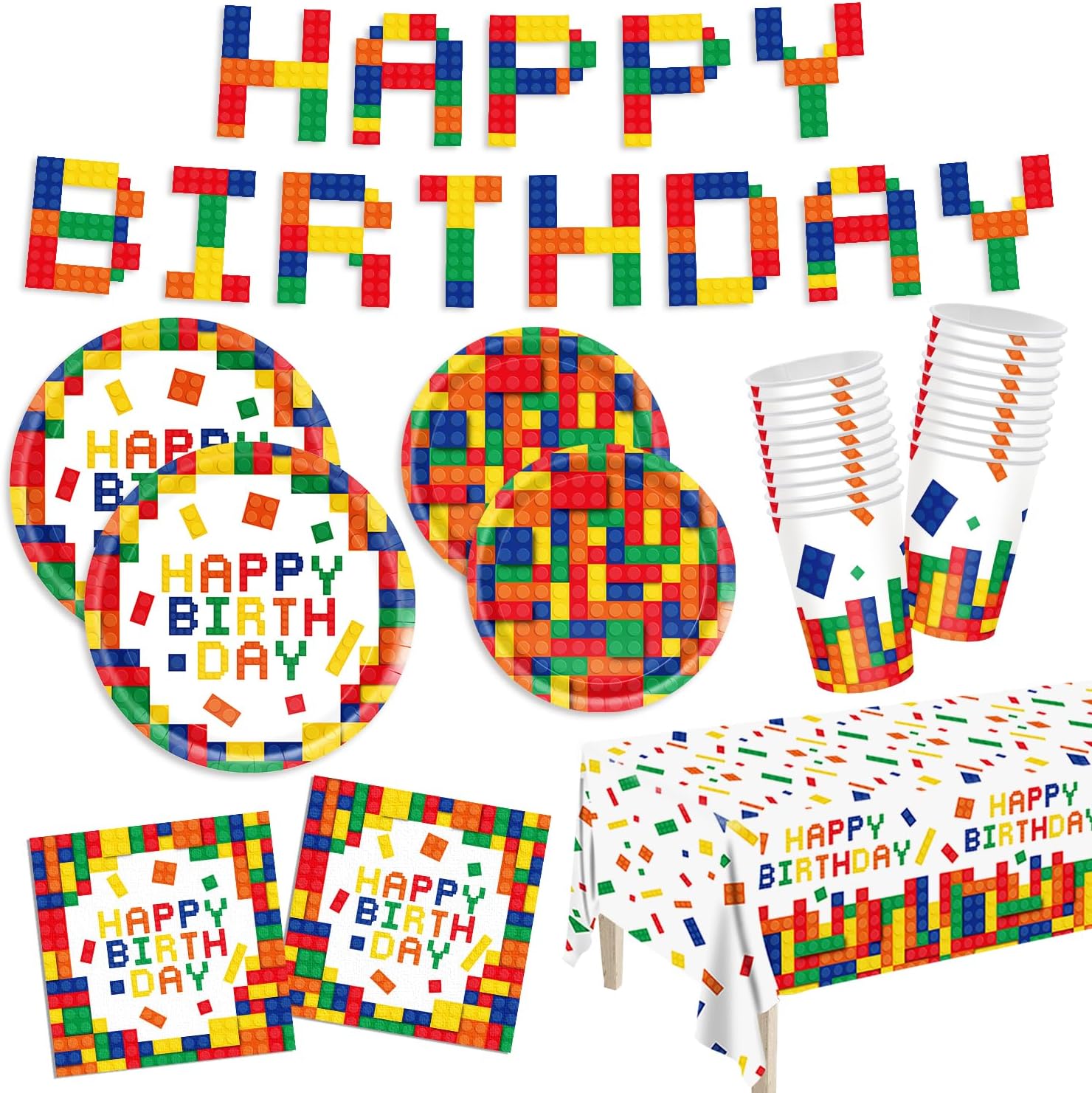 170pcs Building Block Plates Napkins Birthday Party Supplies Colorful Building Block Party Decorations Banner Tablecloth Cups Party Tableware Set Boys Kid’s Serve 24