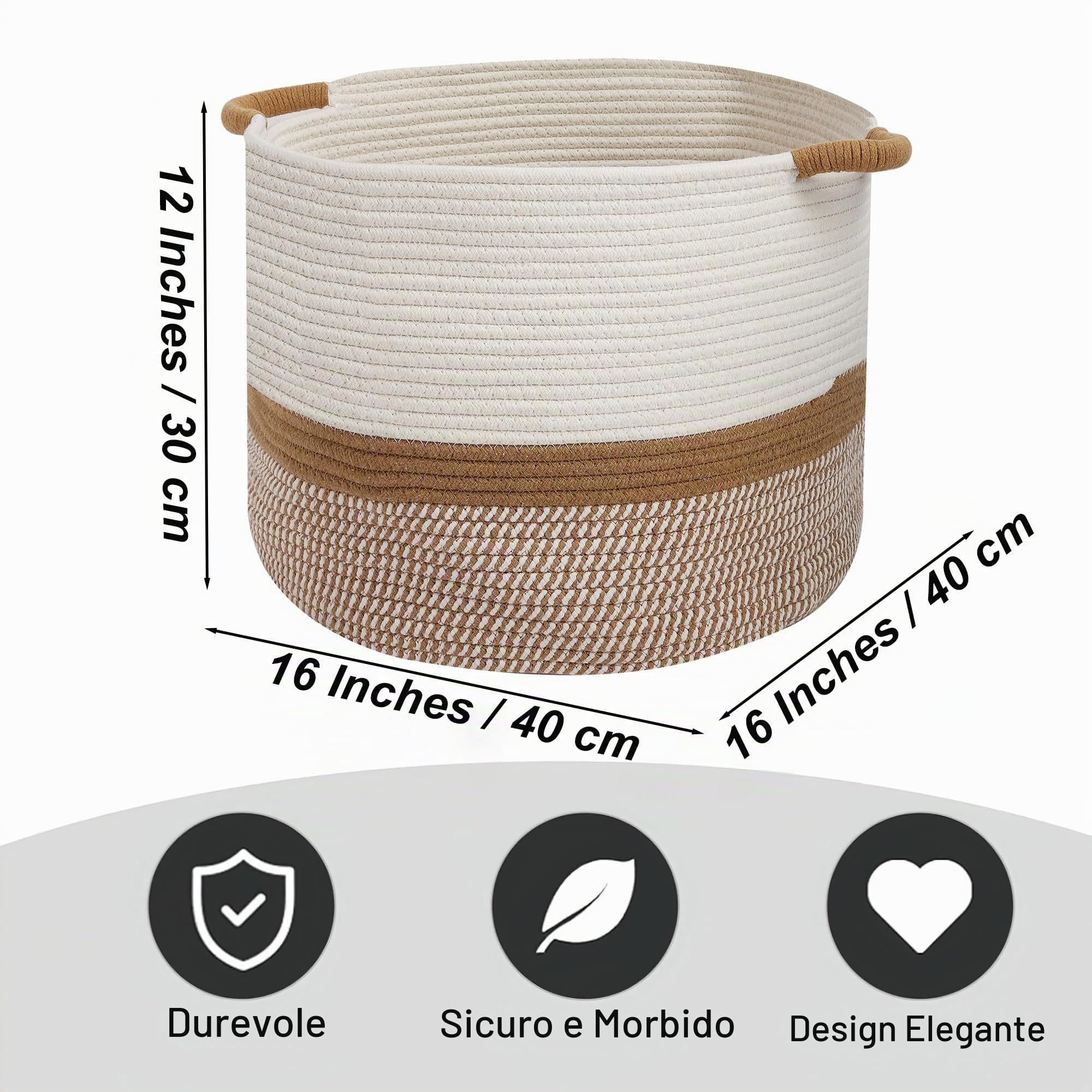 Bianco Cesto Portabiancheria Sporca in Corda di Cotone 40×40×30 cm,Cestino Portaoggetti Intrecciato con Manici,Organizer per Vestiti,Coperte,Giochi Bambini