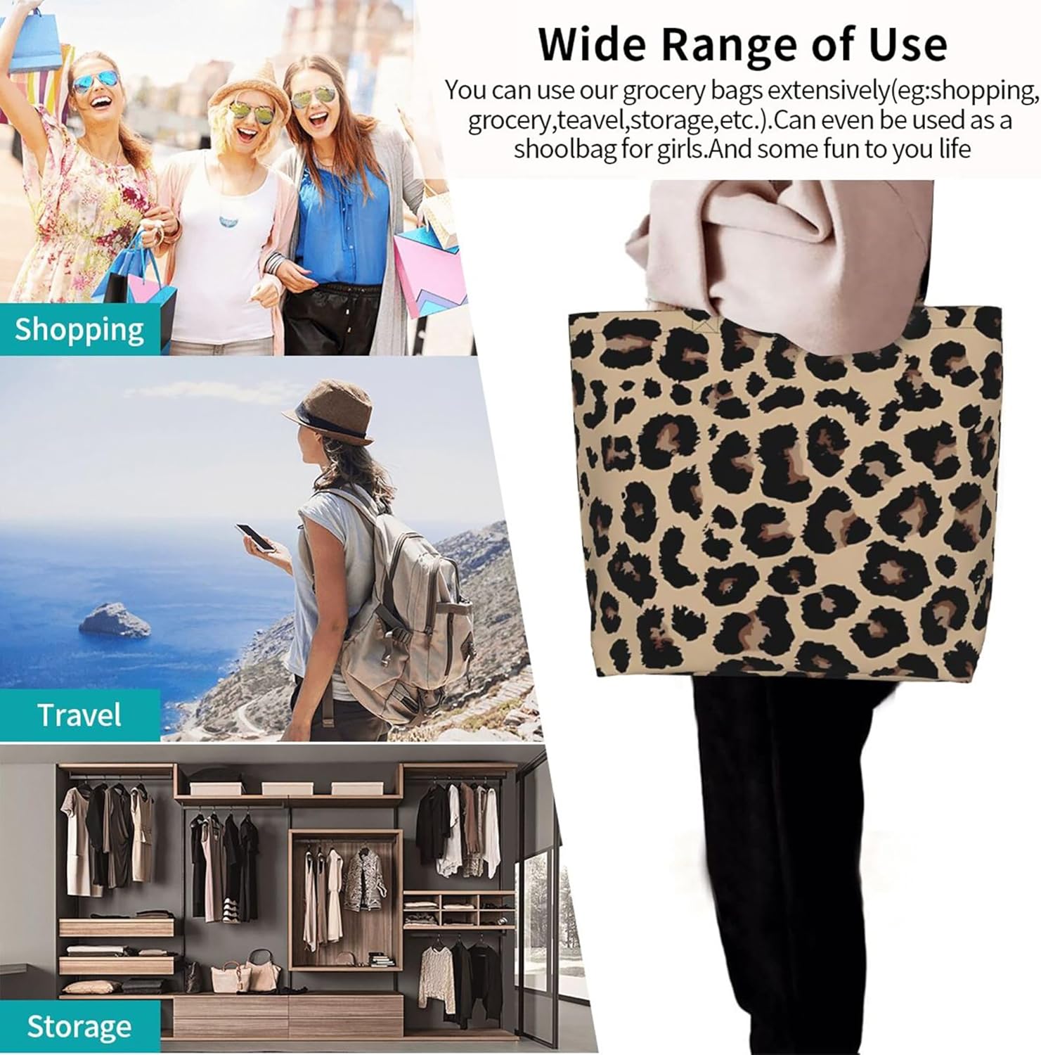 Leopard Print Women's 20"X16"X5.9" Reusable Tote Bag with Zipper Pocket, Water Resistant, Durable Strap, Perfect for Shopping, Travel, Work, Fitness, Beach - Image 5