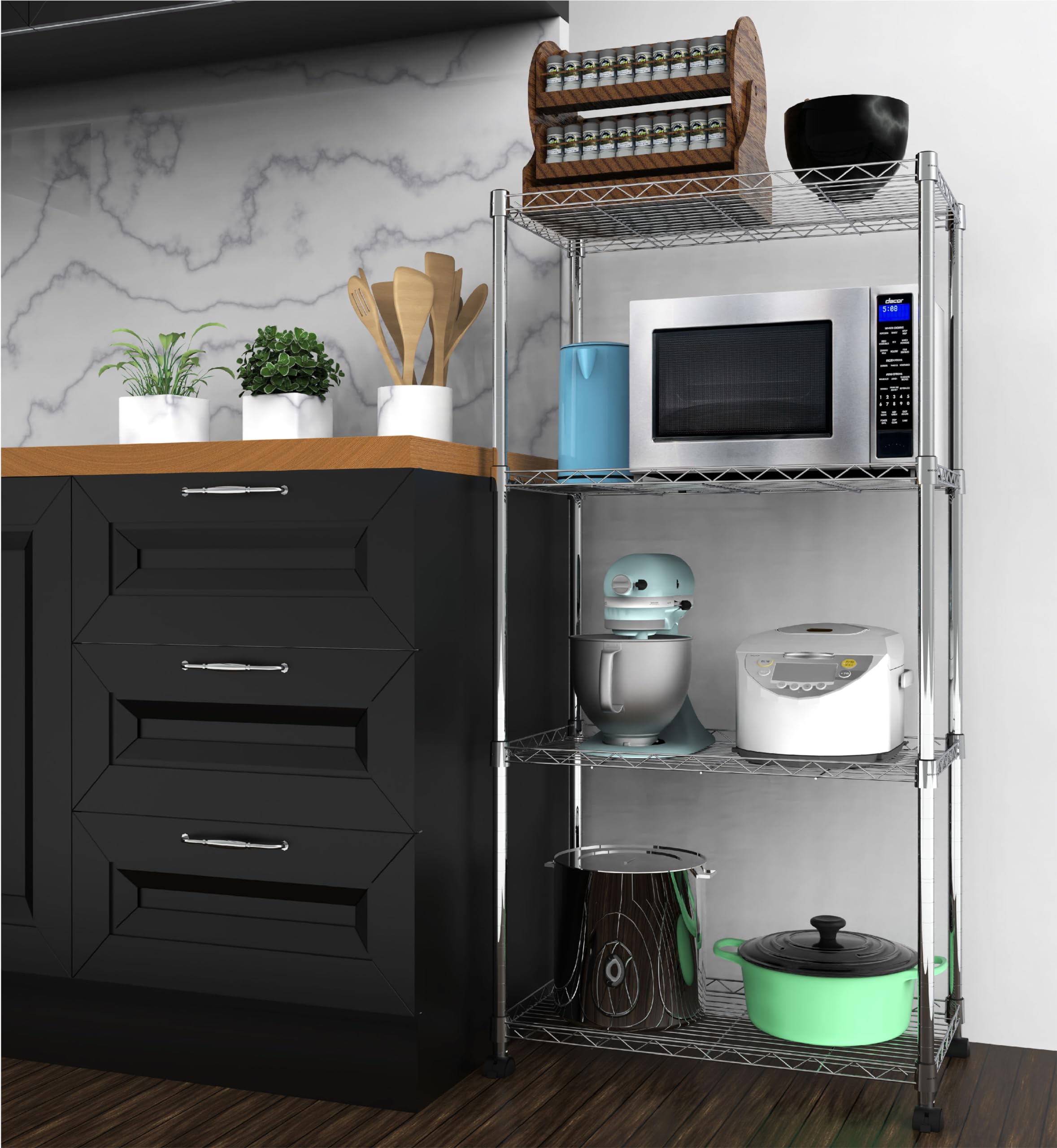 Brikk4-Layer Adjustable Carbon Steel Metal Multi-purpose Rack, 330lb Weight Capacity per shelf, Rust-resistant, Heavy-duty, Chrome Silver, 13.4" D x 23.6" W x 47.2" H