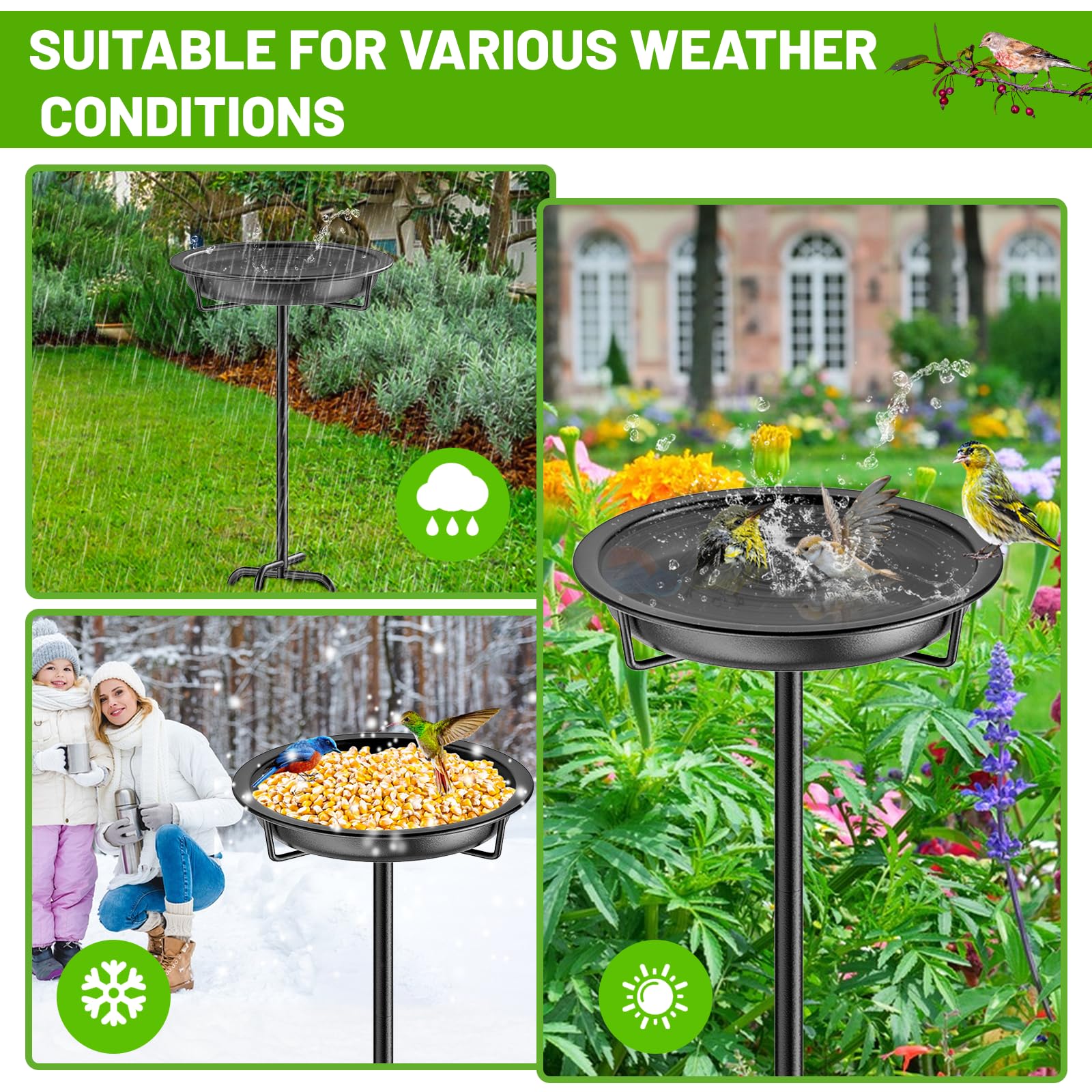 Vasca per uccelli in metallo per esterni da giardino, altezza 91,9 cm, mangiatoie per uccelli indipendenti per esterni, con base a 4 rebbi, mangiatoie per uccelli in piedi per decorazione