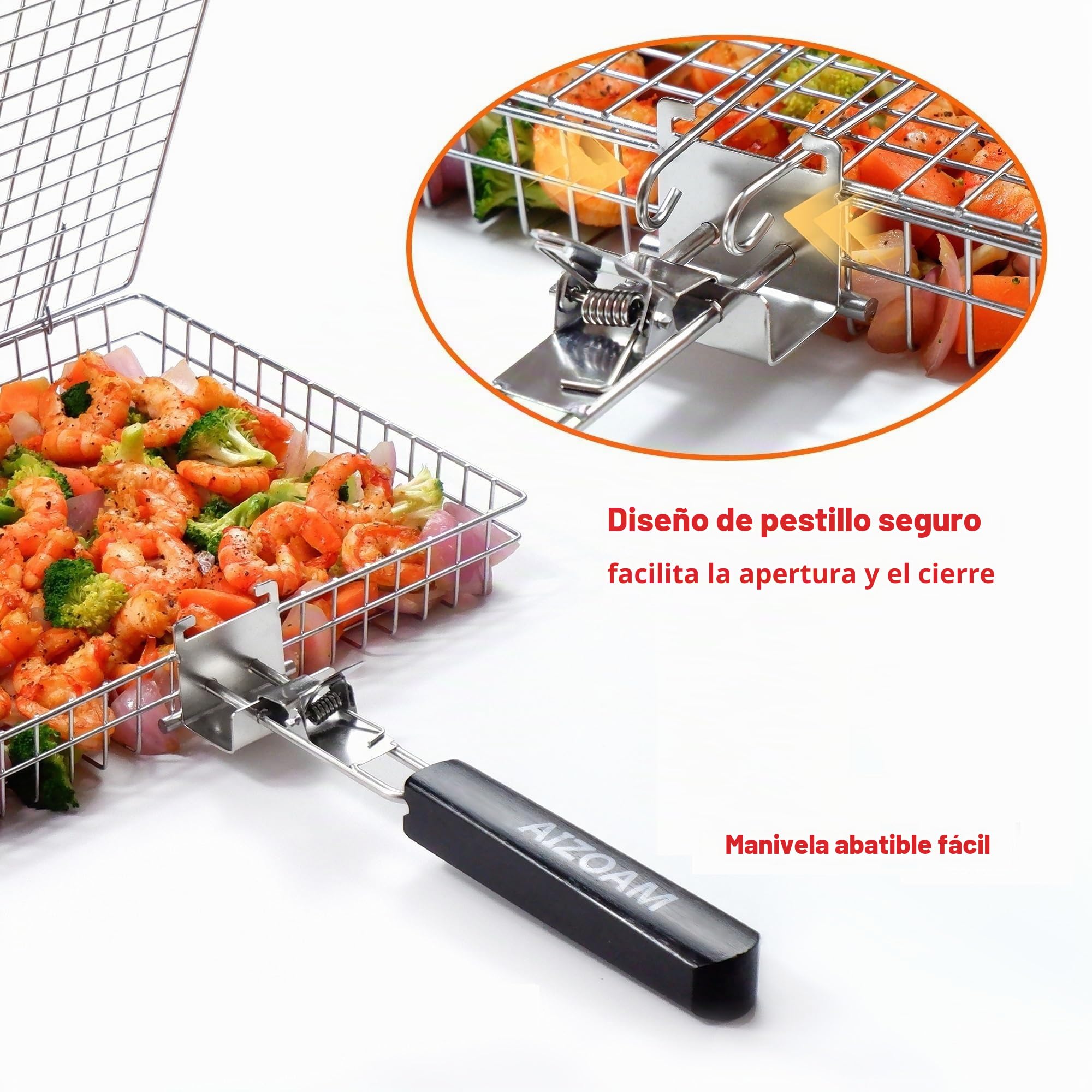 Cesta de parrilla – Cestas de parrilla para parrilla al aire libre, cesta grande de acero inoxidable con mango extraíble, estante portátil para asar pescado para parrilla, ideal para carne