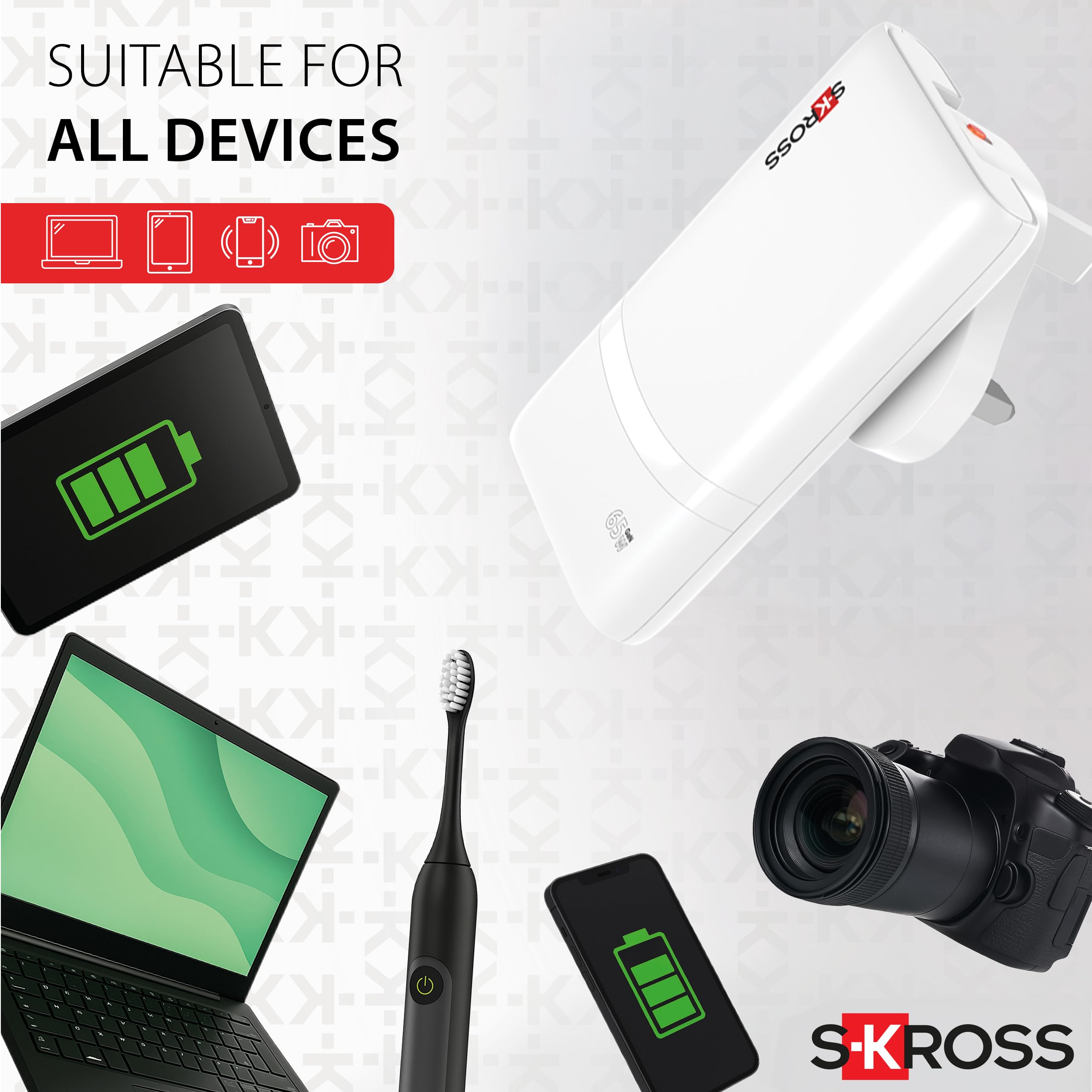 SKROSS - Caricabatterie slim da parete 65W multipresa EU/UK/USA due porte USB-A e USB-C carica 2 dispositivi in contemporanea