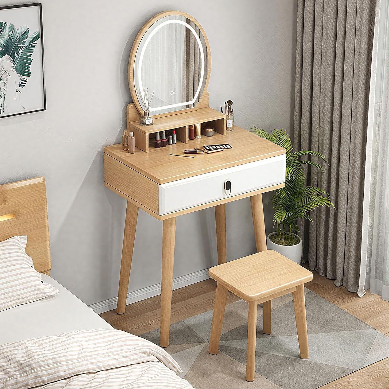 Small Makeup Vanity Desk Vanity Table Solid Wood Construction High Stability Makeup Table Includes Mirror Tri-Color Lighting Ideal for Home use (Includes Stool)(Wood+White)