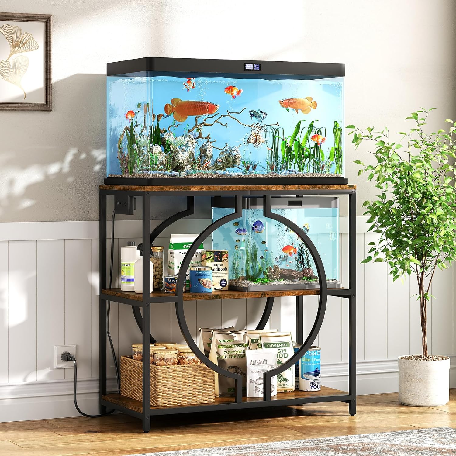 HavenlyYouth 20-29 Gallon Aquarium Stand with Power Outlet, 3 Tier Heavy Duty Metal Fish Tank Stand with Storage Shelf, Fish Tank Table for Home Office, 31.5" L x 15.7" W x 31.2" H, Rustic Brown