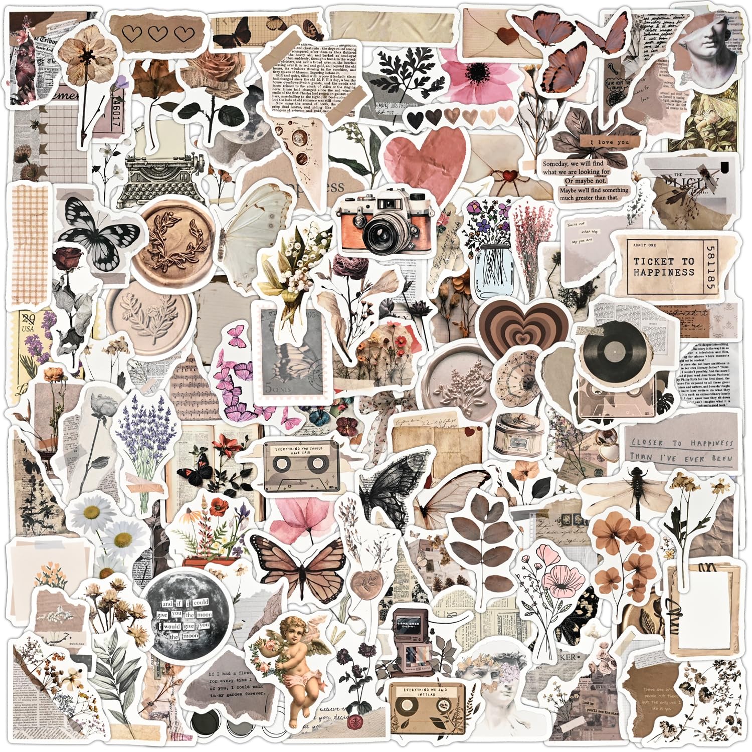 Pack of 120 Vintage Aesthetic Sticker Set, Vinyl Waterproof Stickers Scrapbook Supplies for Laptop Water Bottle, Diary