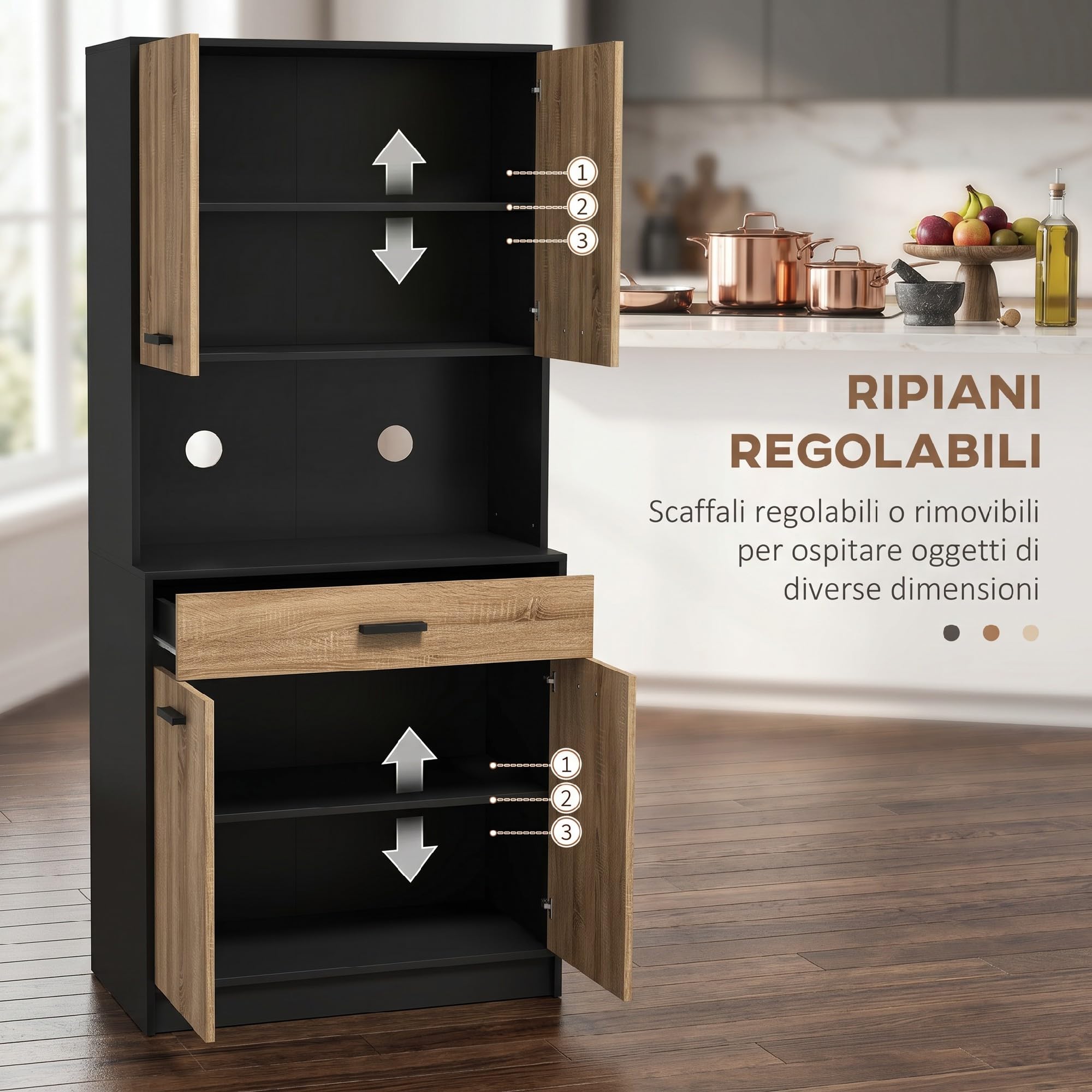 HOMCOM Credenza Cucina 180 cm Mobile da Cucina con Ante Soft Close, Dispensa con Piano Portamicroonde e Foro Passacavi, Cassetto, Ripiani Regolabili, Nero e Color Legno