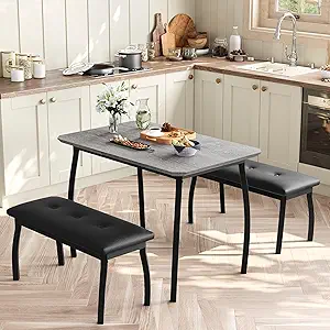GAOMON Dining Table Set for 4, Metal Frame Kitchen, 3 Piece Dining Room Table Furniture for Apartment, Studio, Home, Easy Assembly, Grey