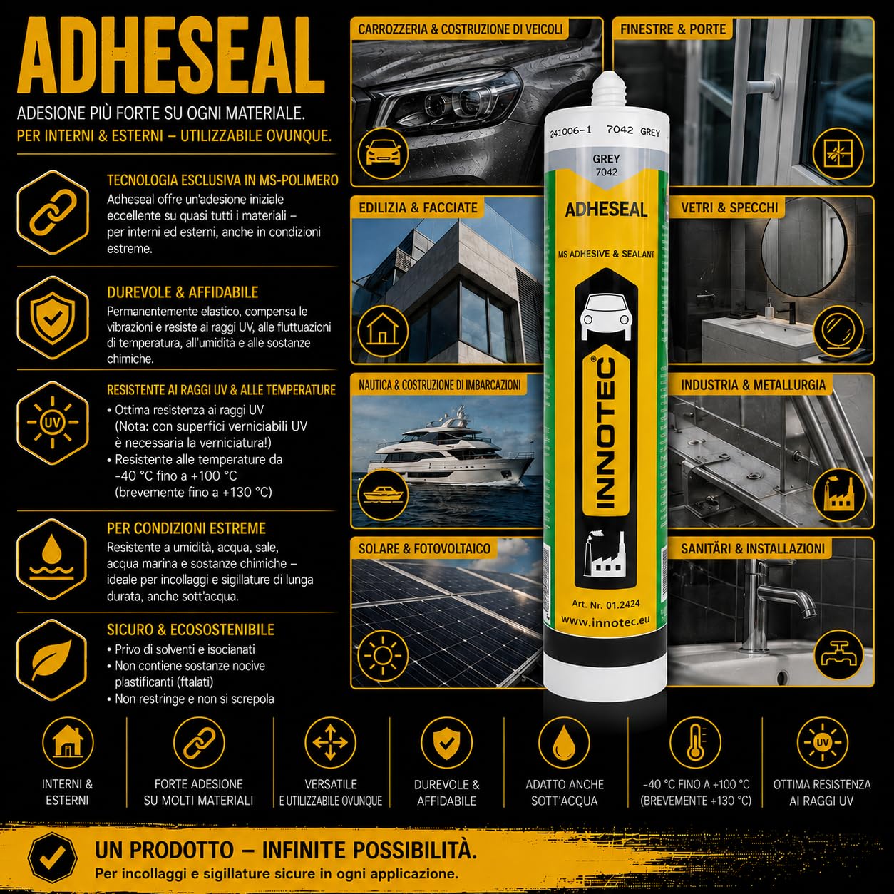 2 pezzi Innotec Adheseal Grigio adesivo e sigillante a base di polimeri MS – Aderente anche a materiali delicati – Verniciabile bagnato – 290 ml Adheseal sigillante elastico permanente