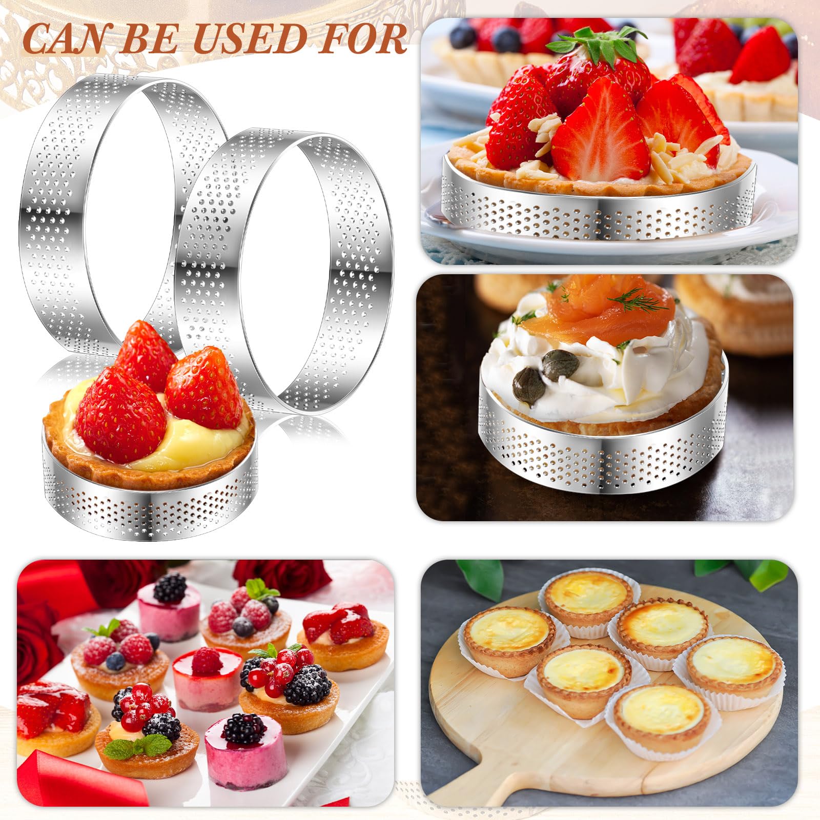 Mumufy Lot de 20 anneaux à tarte ronds perforés en acier inoxydable pour la cuisson de pâtisseries, desserts français, mousses, aliments croustillants (10,2 cm)
