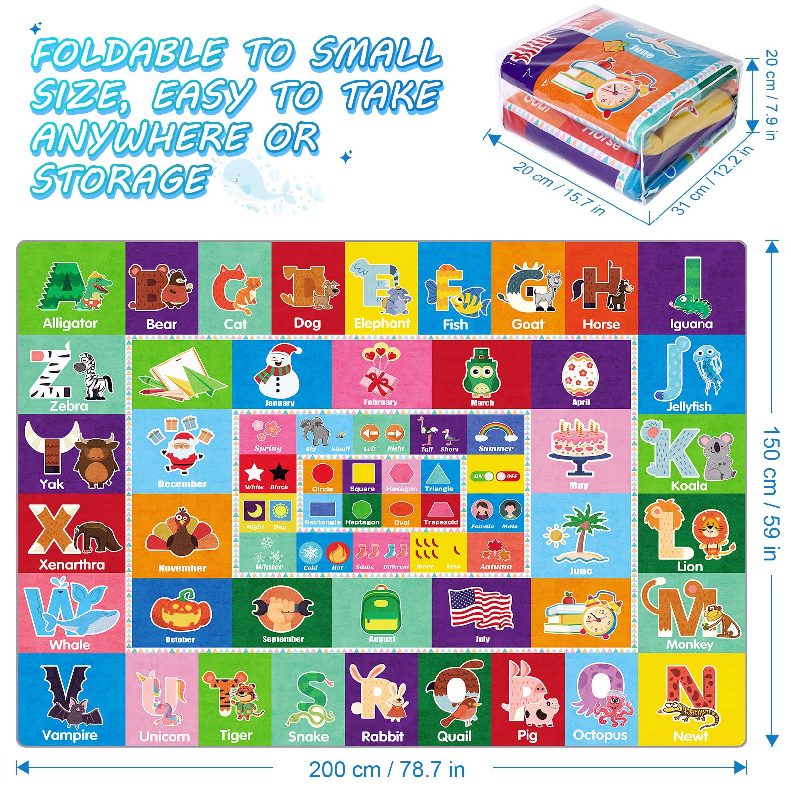 Tapis de jeu avec design antidérapant Collection ABC, forme, saison, mois, opposé et tapis éducatif pour chambre à coucher, salle de jeux (200 x 150 cm)