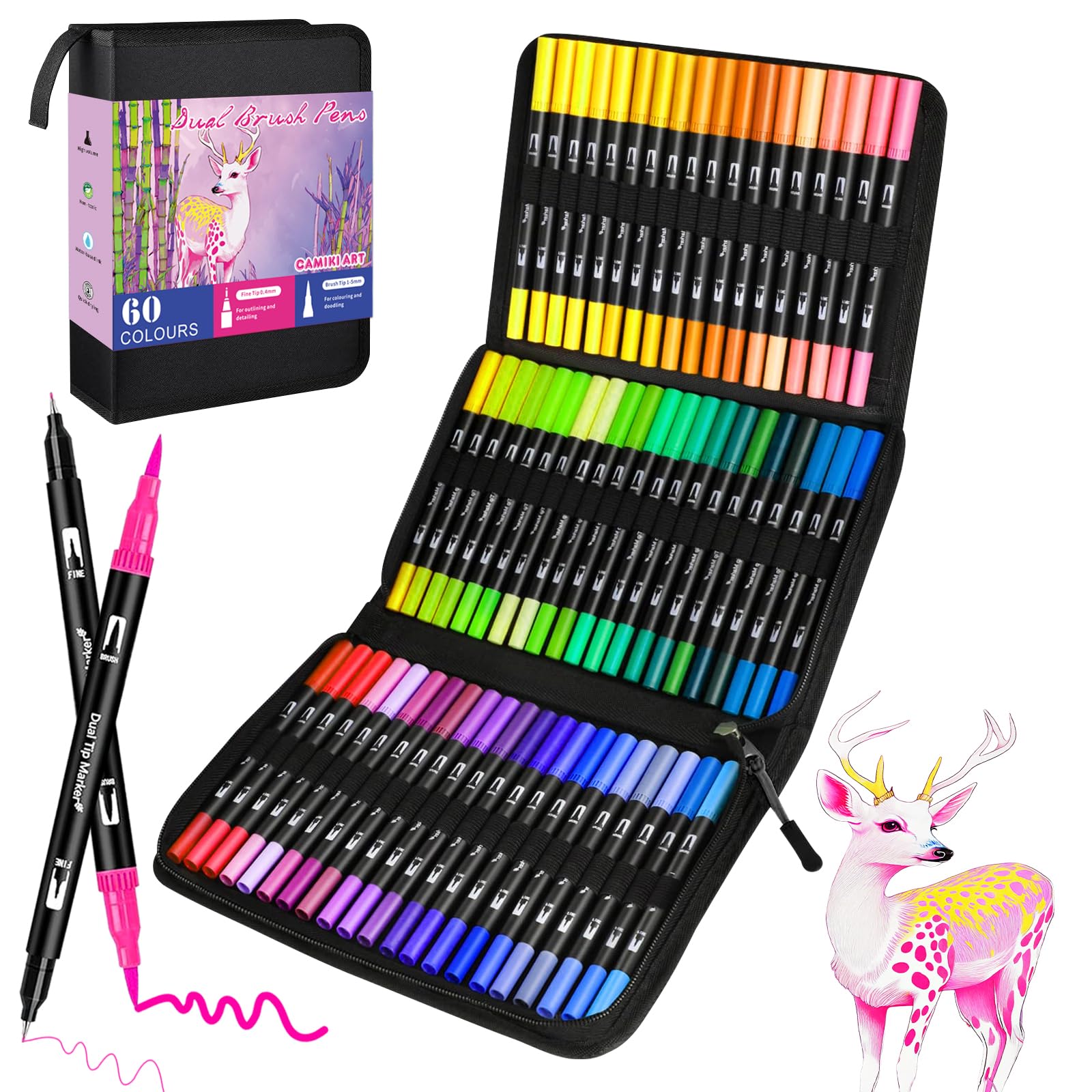 Rotuladores Lettering 60 Colores, Rotuladores Alcohol Punta Pincel, Doble Punta Fina, Kit para Niños y Adultos, Mandalas, Graffiti, Caligrafía, Dibujar, Acuarelables Profesionales