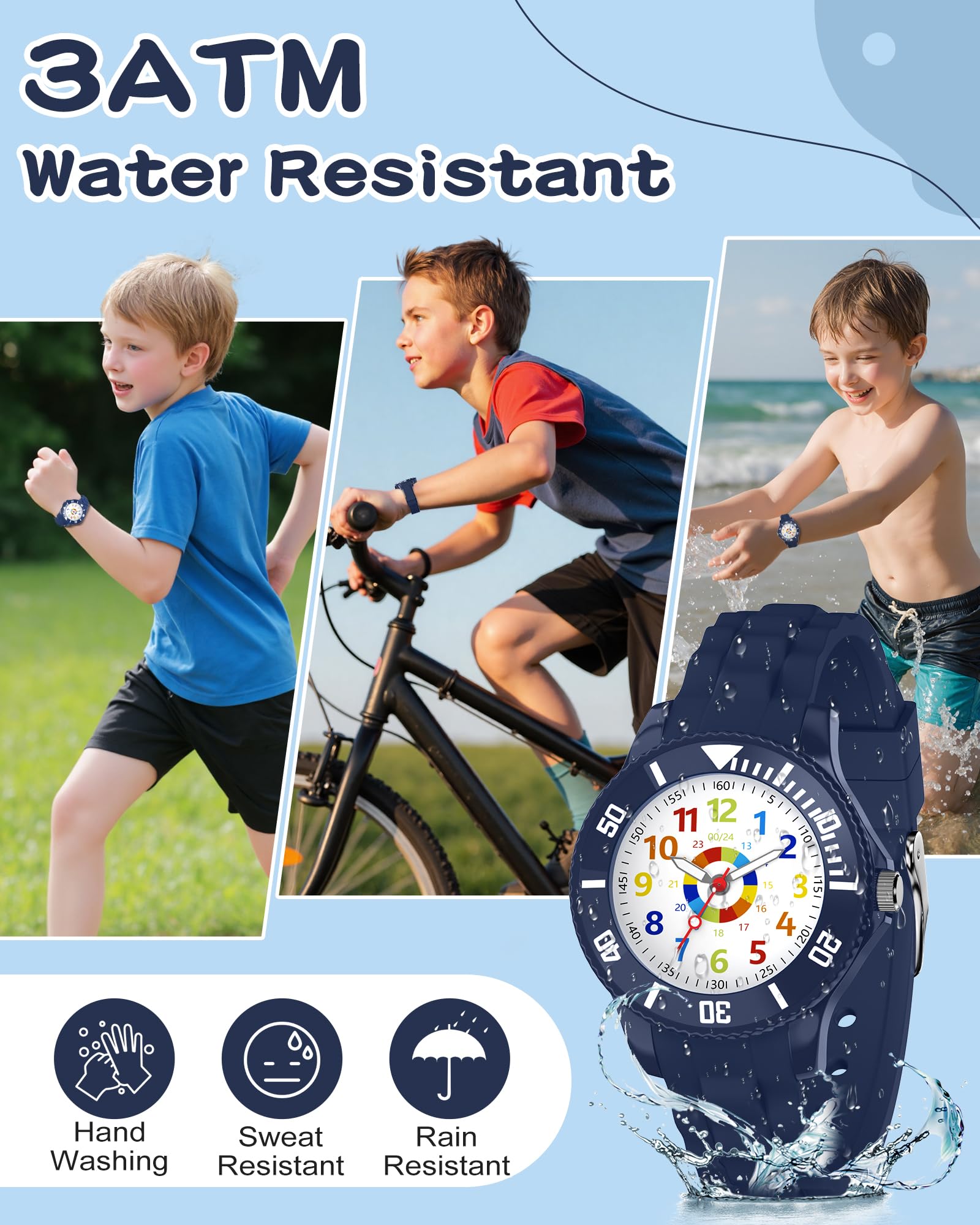 Kinderuhr Jungen Mädchen,Lernuhr Armbanduhr Kinder Analog mit 3ATM Wasserdicht,Weiches Band,Leicht Ablesbar 4-12 Jahre