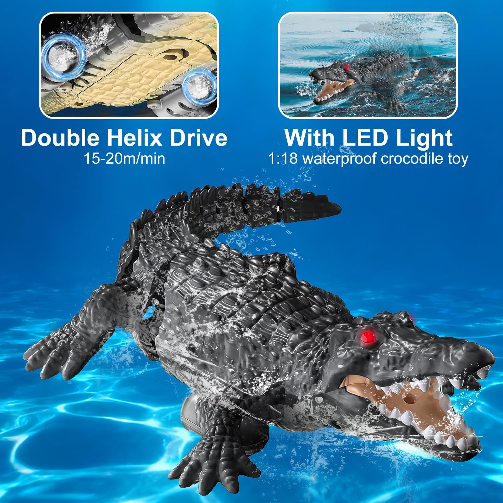 Barcos Teledirigido RC Cocodrilo, 2.4GHz Barco de Control Remoto con luz LED y Doble hélice para Piscinas y Lagos, Juguete Cocodrilo EléCtrico de Piscina Agua para niños y niñas