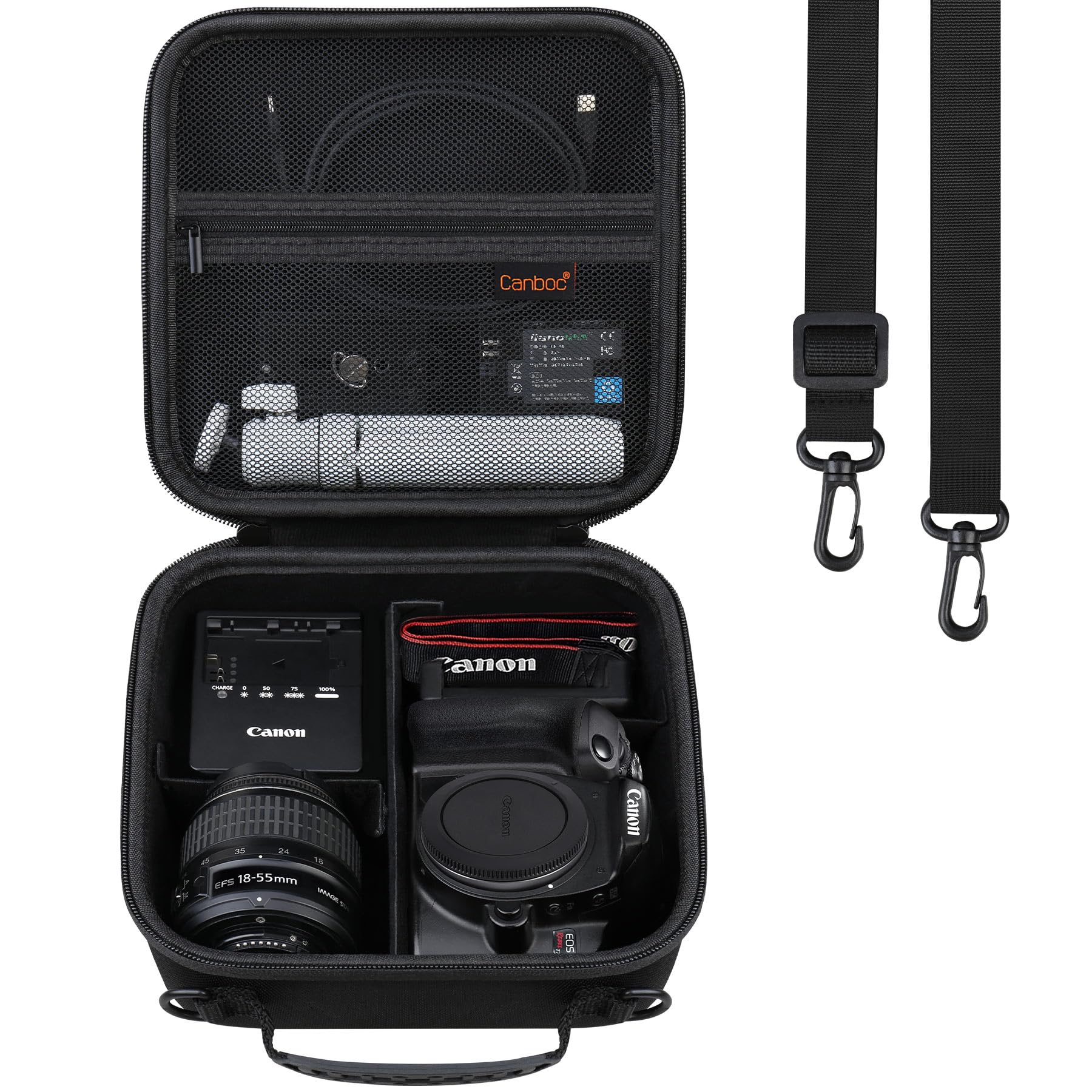 Canboc Custodia fotocamera DSLR Canon EOS Rebel T7/ R50/ R50 V/ R6 Mark II/ R100/ R8/ R7/ R5/ 90D/ 5D Mark IV e obiettivo 18-55 mm, borsa con tracolla e 3 divisori, nera (solo custodia)