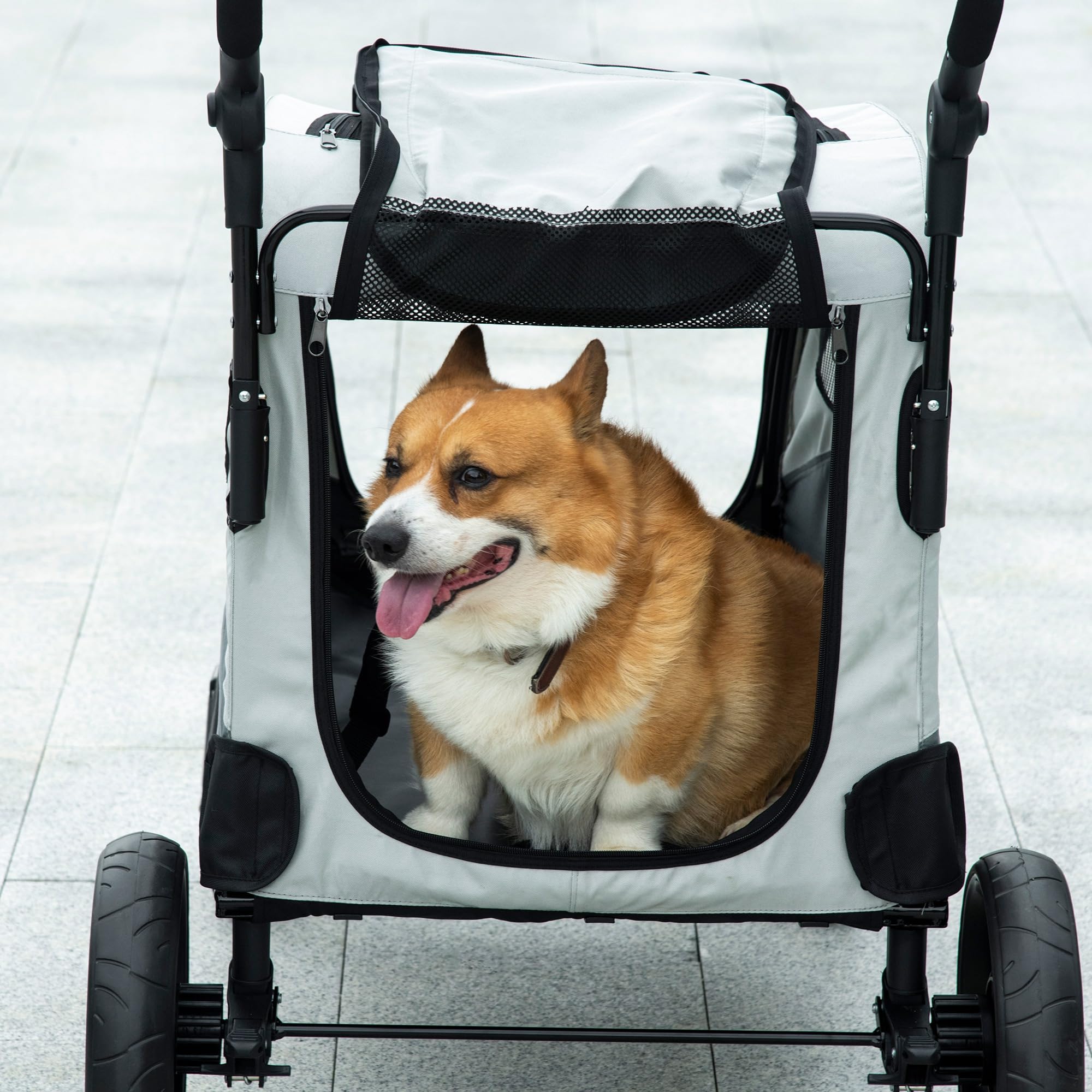 PawHut Cochecito para Perros Plegable Carrito para Mascotas Carrito para Perros con Ventanas Bolsillo de Almacenaje Correas de Seguridad y 2 Ruedas Universales Carga 330 kg 107x67x102 cm Gris