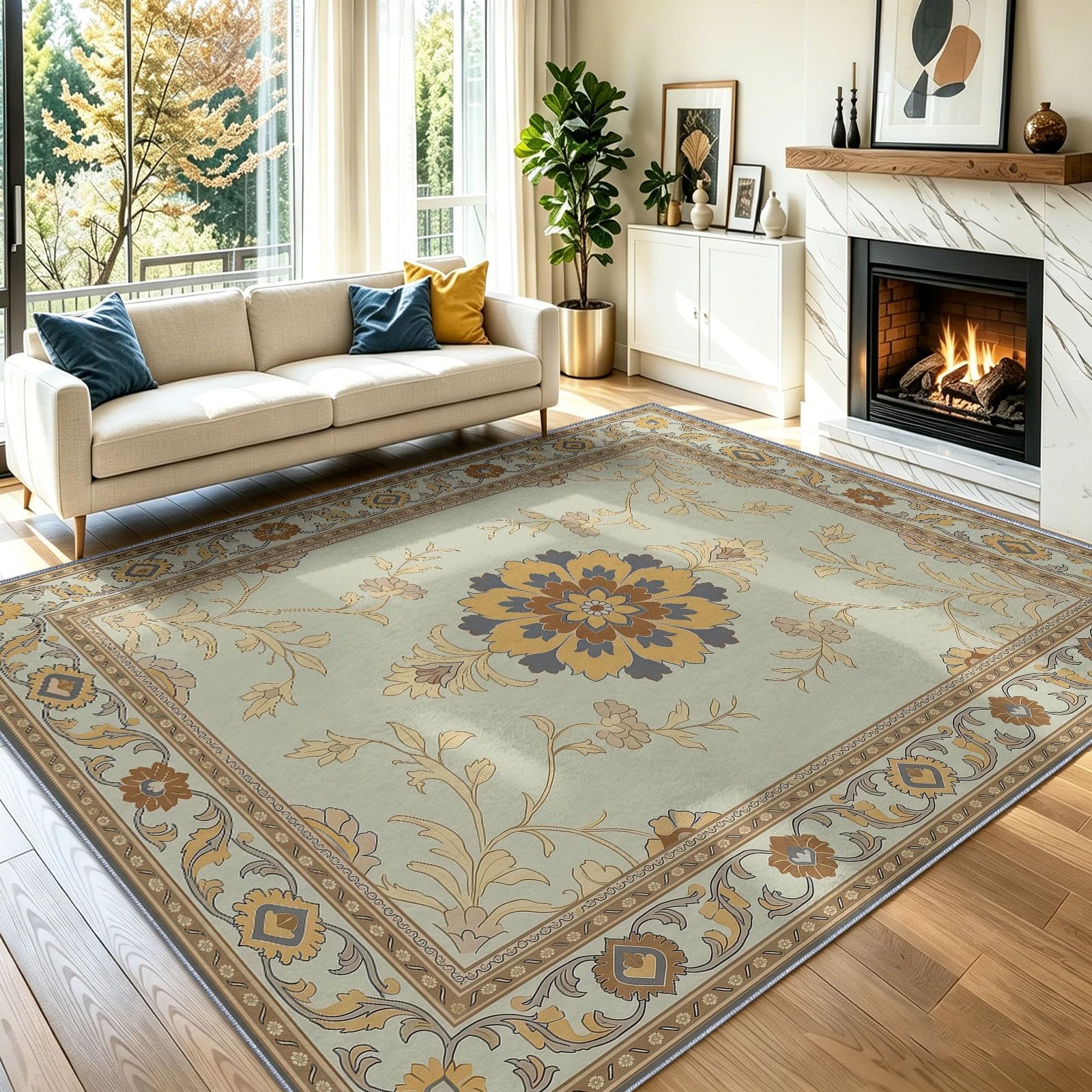 Piante E Fiori Arte Tappeto Soggiorno 140 x 200 cm Camera Da Letto Lavabile in Lavatrice Antiscivolo Grandi Fiori & Motivo Simmetrico Tradizionale Carpet Ufficio Sala da Pranzo Morbido Pelo Ras Rug