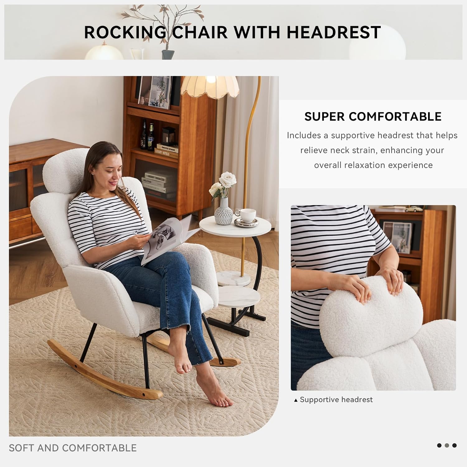 055-Fabric Upholstered Nursery Rocking Glider Chair Accent Arm Chair Padded with High Backrest and Pillows for Living Room Bedroom Offices (Teddy)
