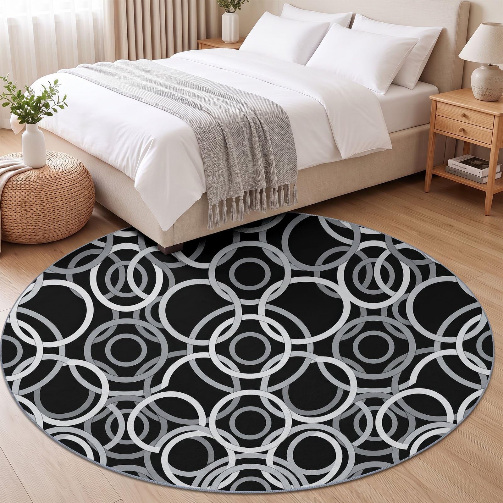 Tapis Rond Salon Moderne Geometrique Cercle Anneau Abstrait Noir Gris Doux Poil Ras Tapis de Sol Décoration Antidérapant pour Salon Chambre Cuisine Balcon Terrasse Salle à Manger Intérieur 160 cm