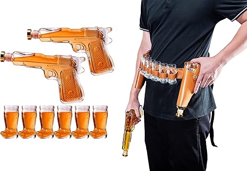 Juego de decantador de pistola y vasos de chupito para fiesta, decantador de pistola de whisky y vaso de chupito, vertedores y tapón, 2 decantadores