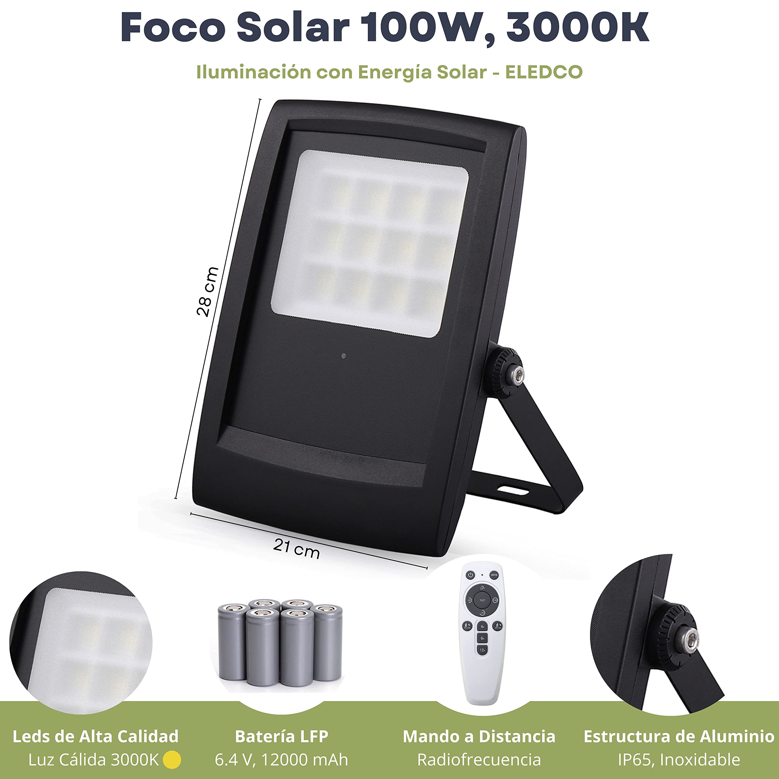 Foco Solar 100W Exterior, Luces Solares LED Modelo All-Black, Lámpara Solar con Mando a Distancia, Sensor de Movimiento, Sensor Crepuscular, Luz Cálida 3000K