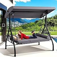 Grepatio 3-Seat Outdoor Porch Swing with Adjustable Canopy - Convertible Swing Bed, Heavy Duty Stand, Cup Holders & Cushions for Patio Garden Poolside (Grey)