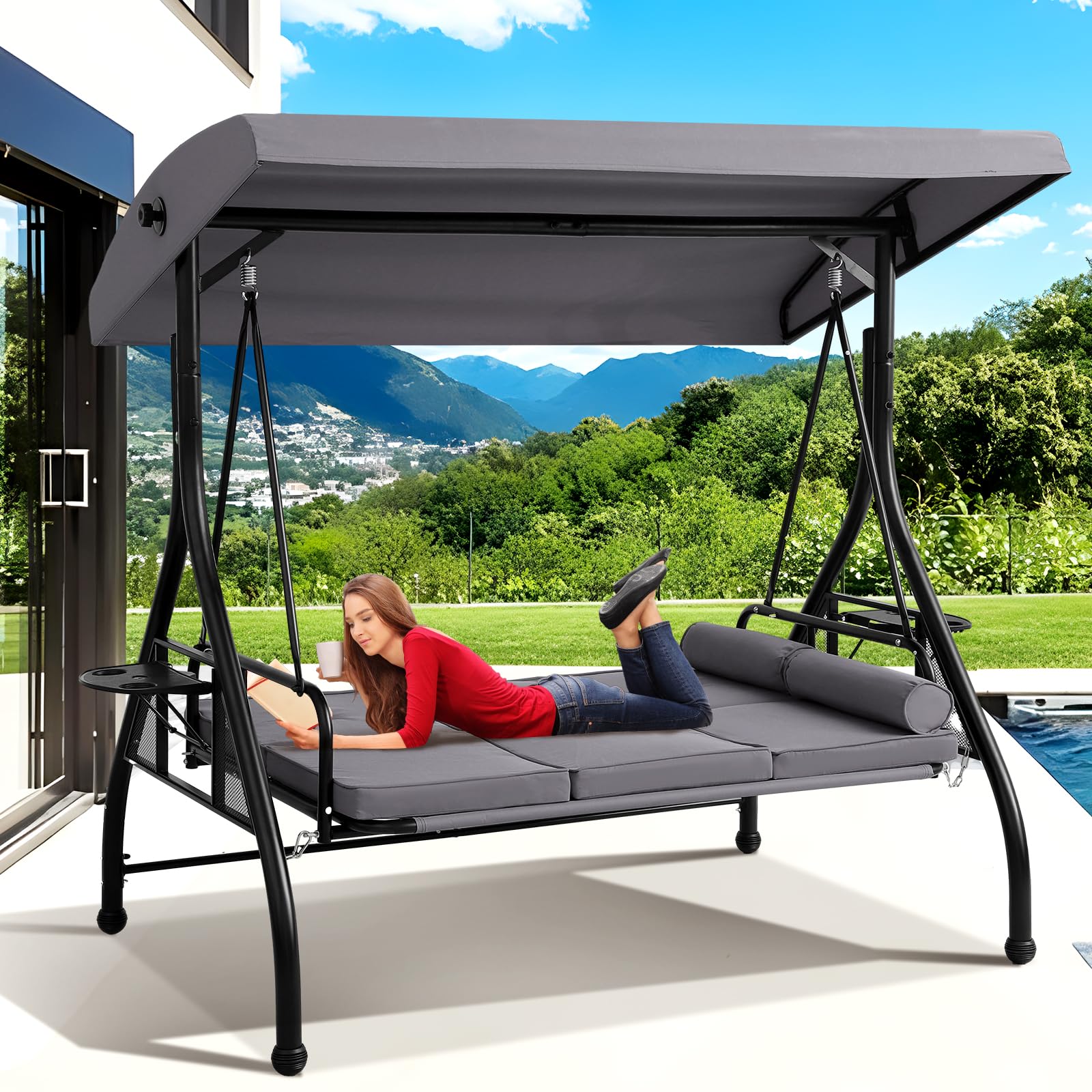 Grepatio 3-Seat Outdoor Porch Swing with Adjustable Canopy